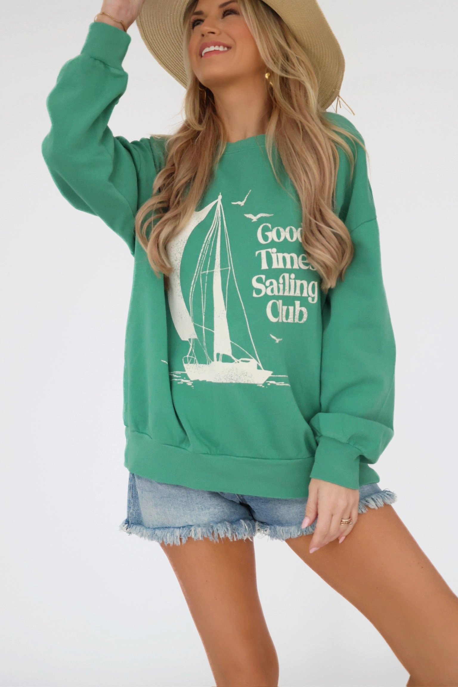 FrictionResistant Trim NonRestrictive Armholes Sail Away Sunday Sweatshirt - Botanical Green(final sale)