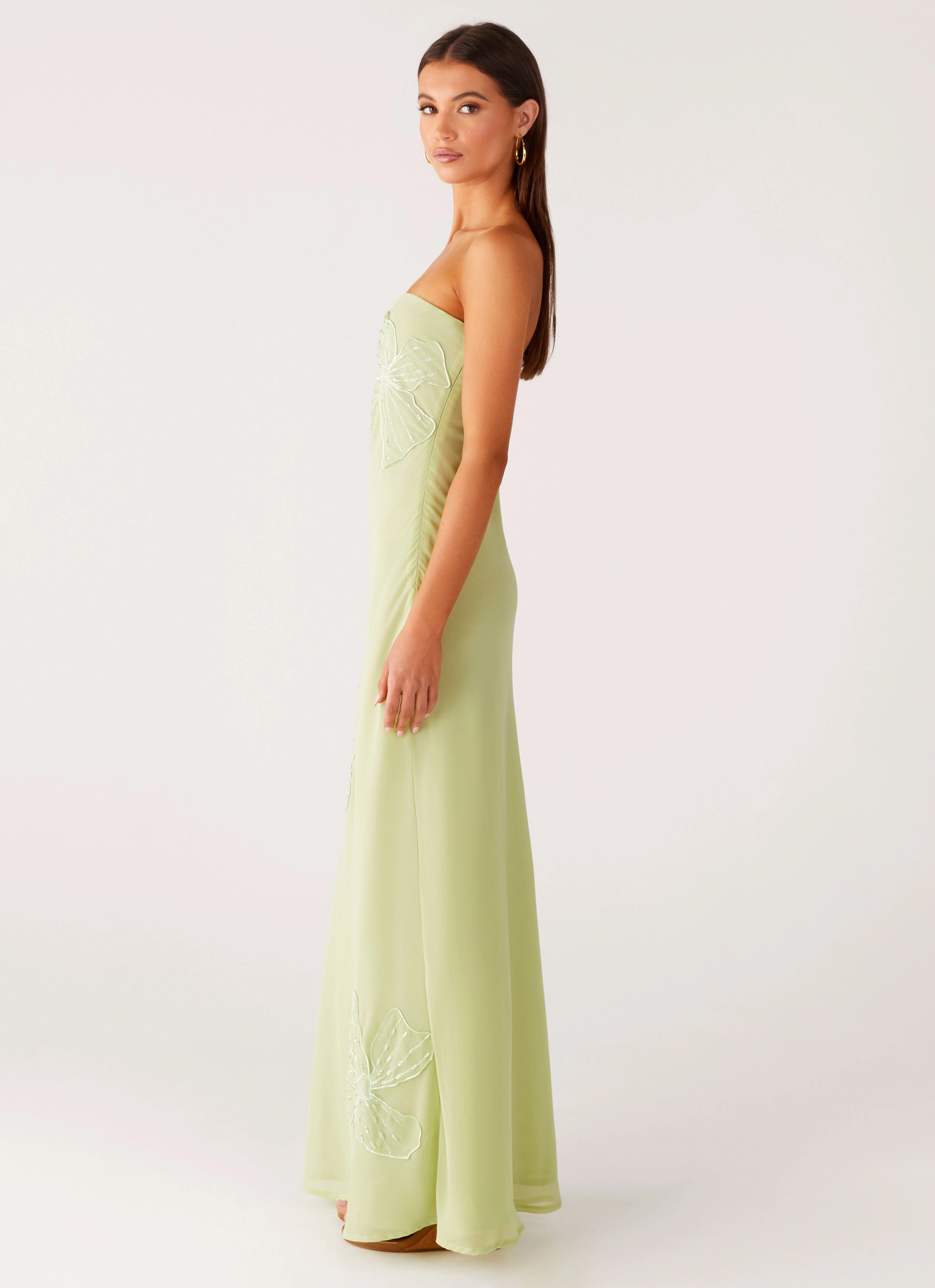 Perfectly Crafted Sassafras Beaded Flower Strapless Maxi Dress - Lime