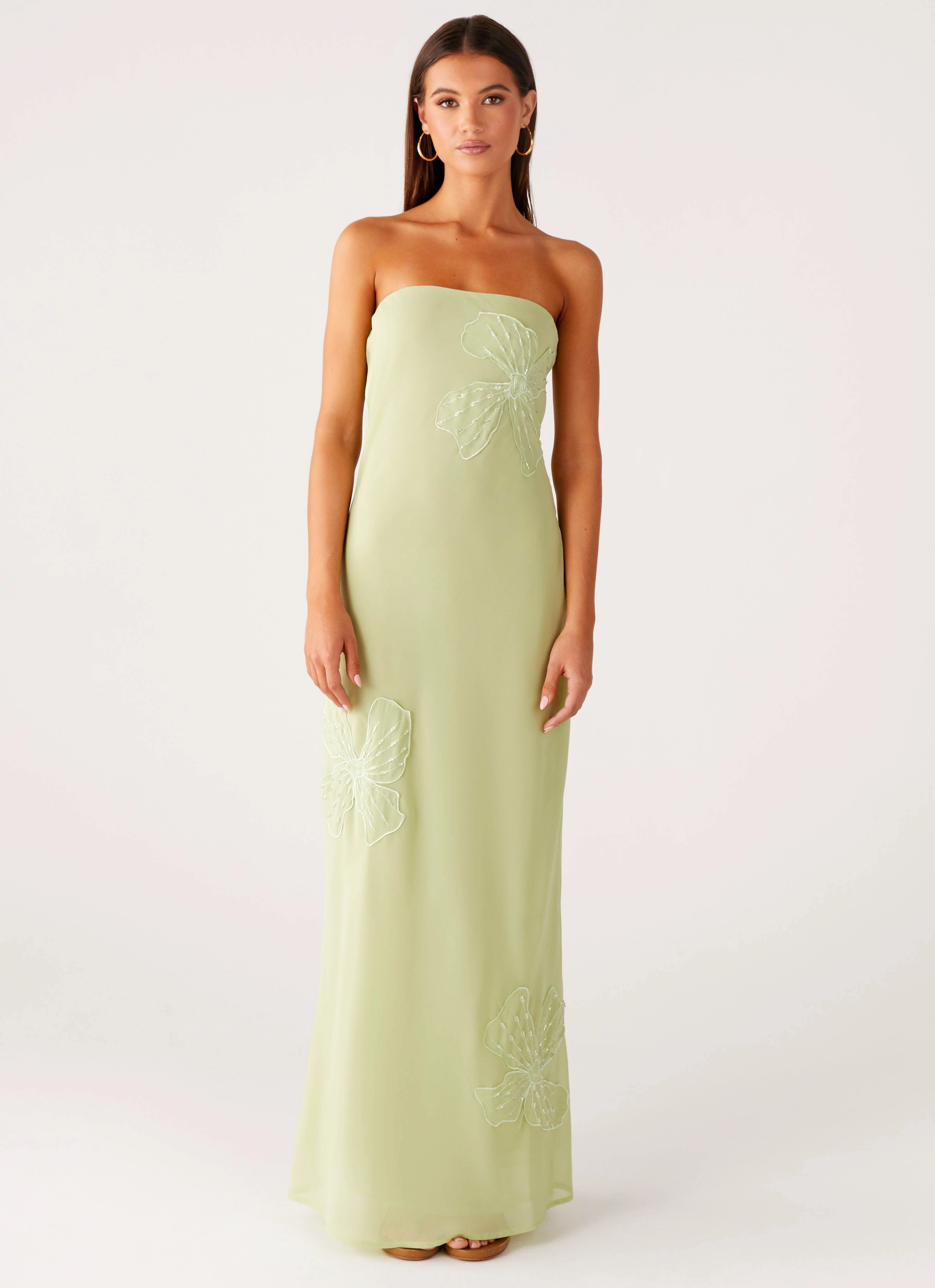 Sassafras Beaded Flower Strapless Maxi Dress - Lime Dream Look Fashion Look