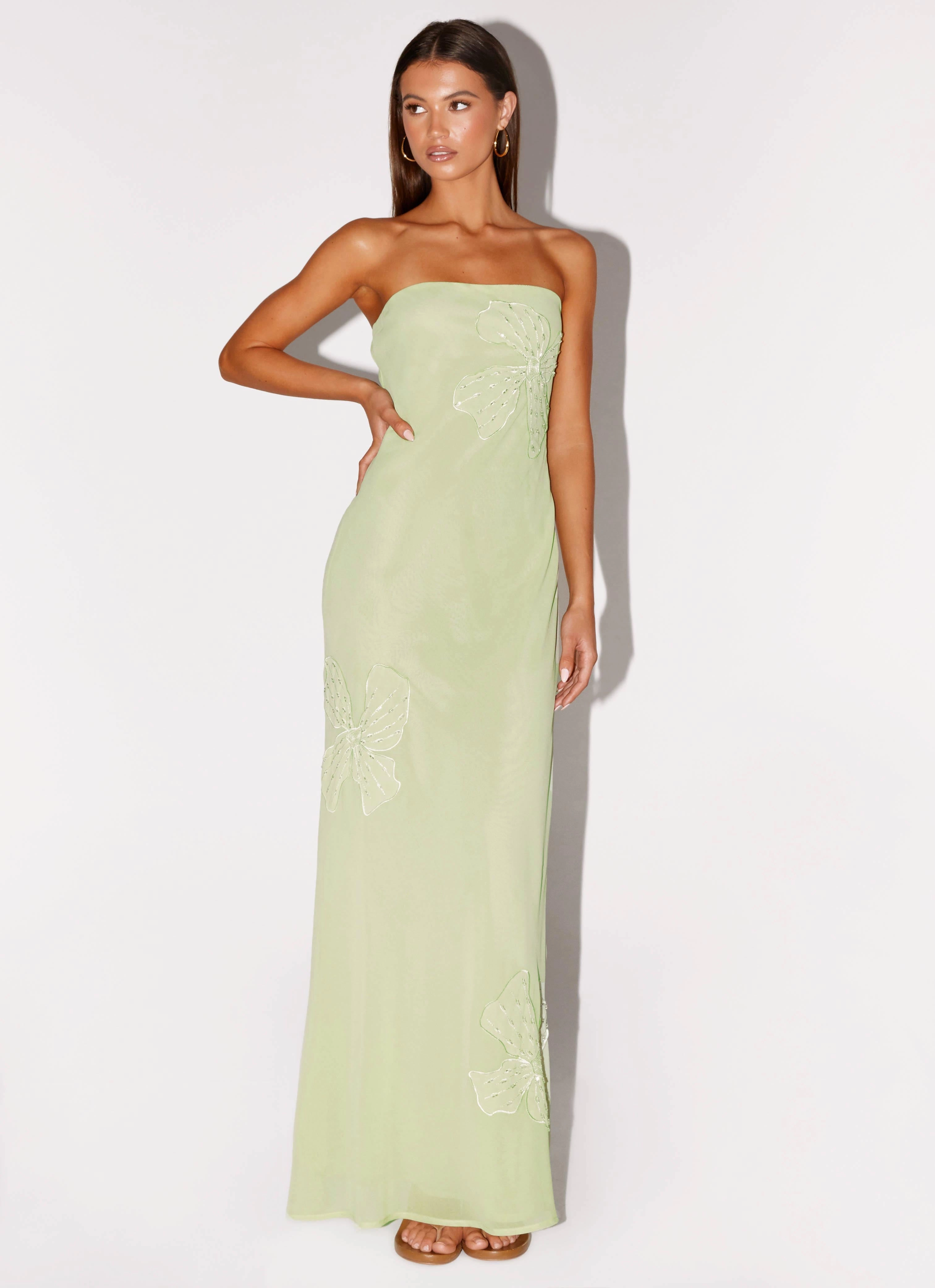 Breath Soft Sassafras Beaded Flower Strapless Maxi Dress - Lime