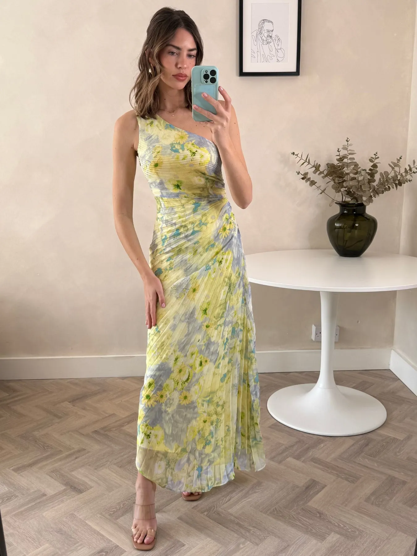 Casual Elegance Cozy Design Marley Asymmetric Pleated Maxi Dress / Lemon Floral