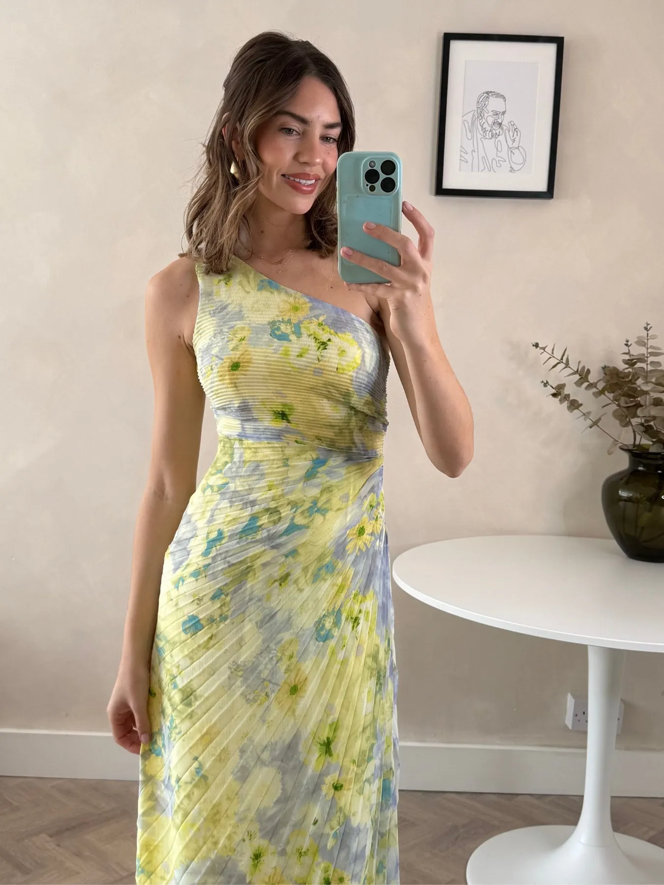 Marley Asymmetric Pleated Maxi Dress / Lemon Floral AdjustableStraps