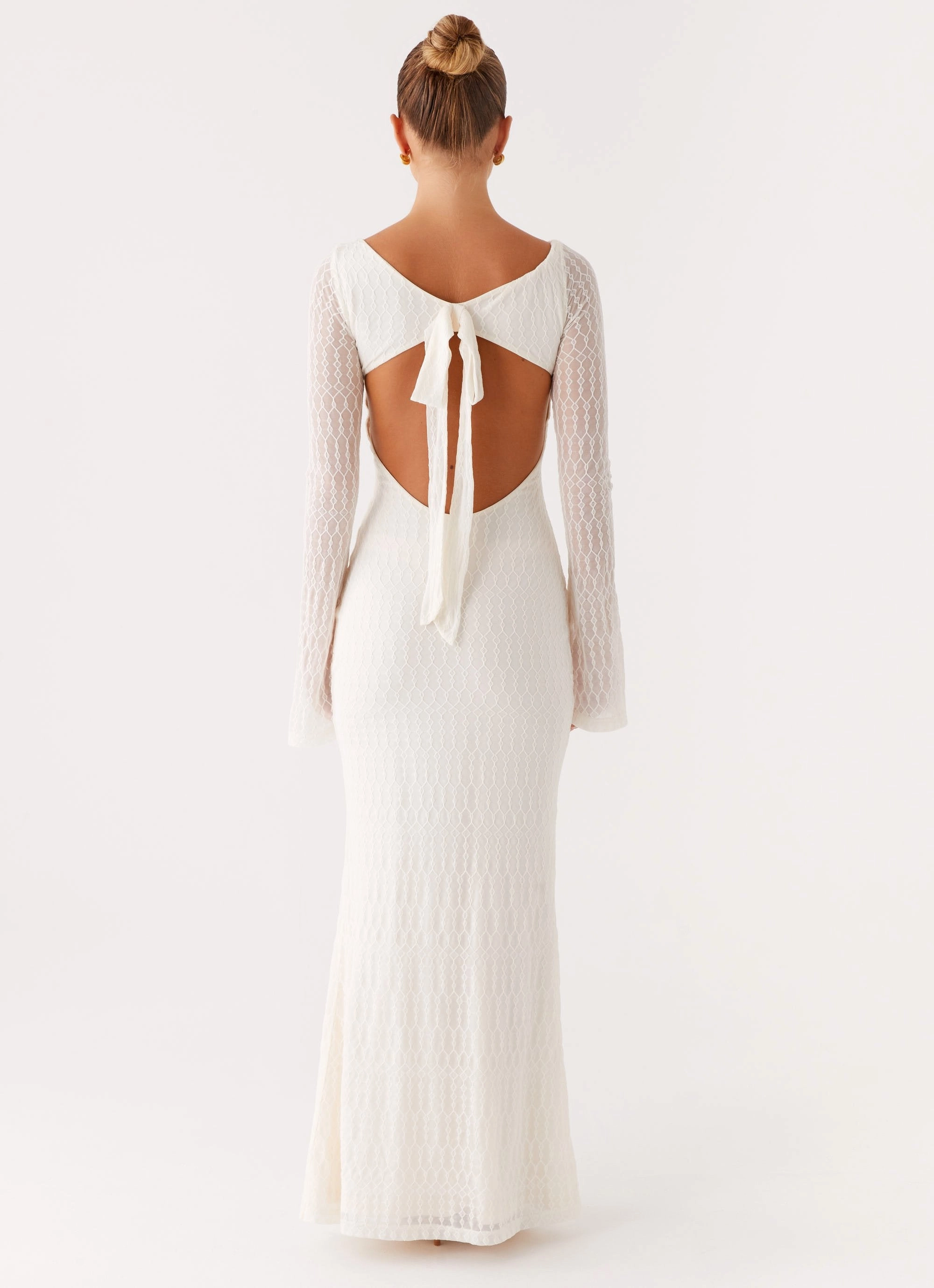 Ethereal Long Sleeve Maxi Dress - Ivory Patterned-Fabric