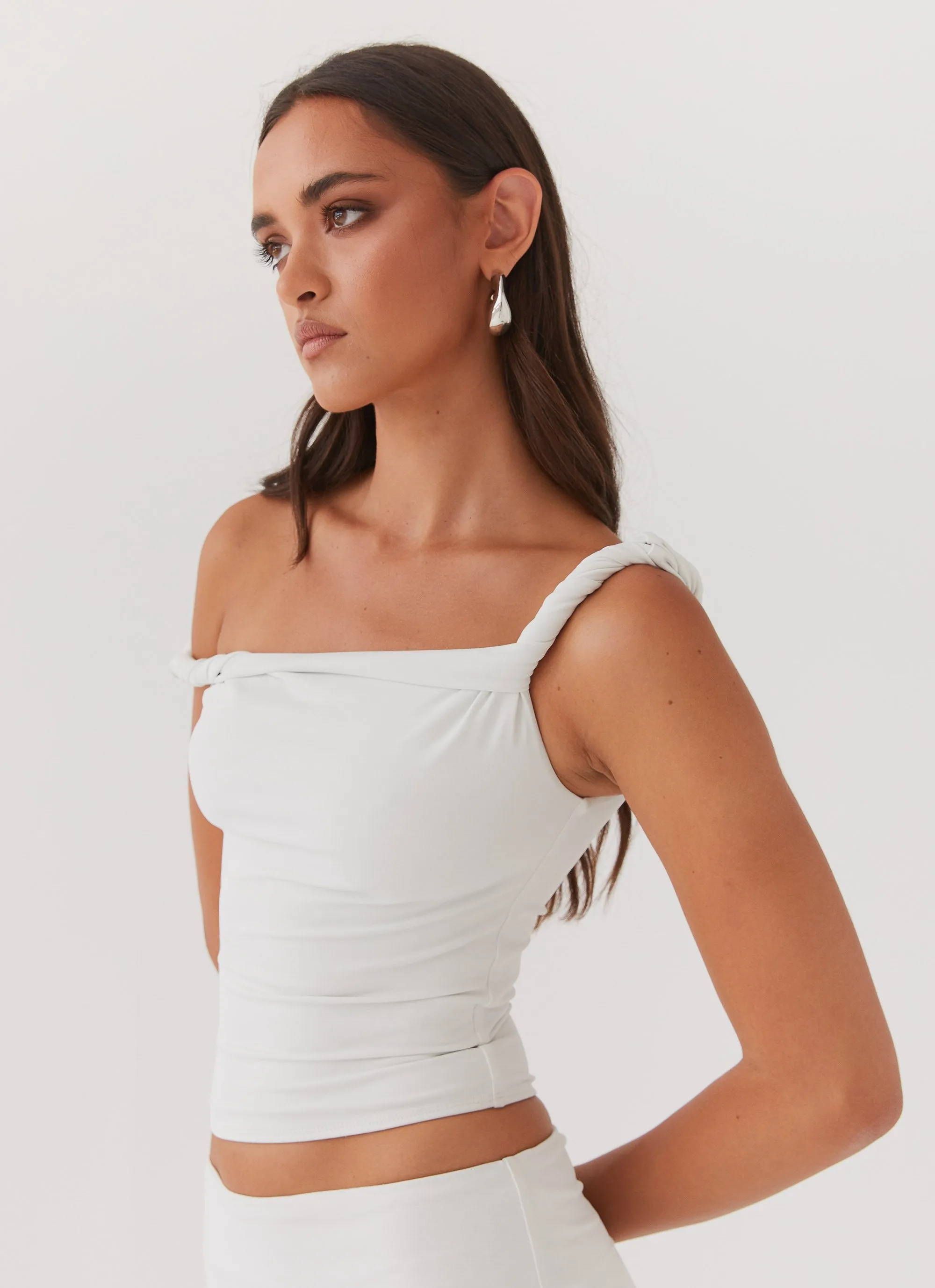 Flexible Hemline NoRoll Hem Technology Solace Soul Twist Shoulder Top - Ivory