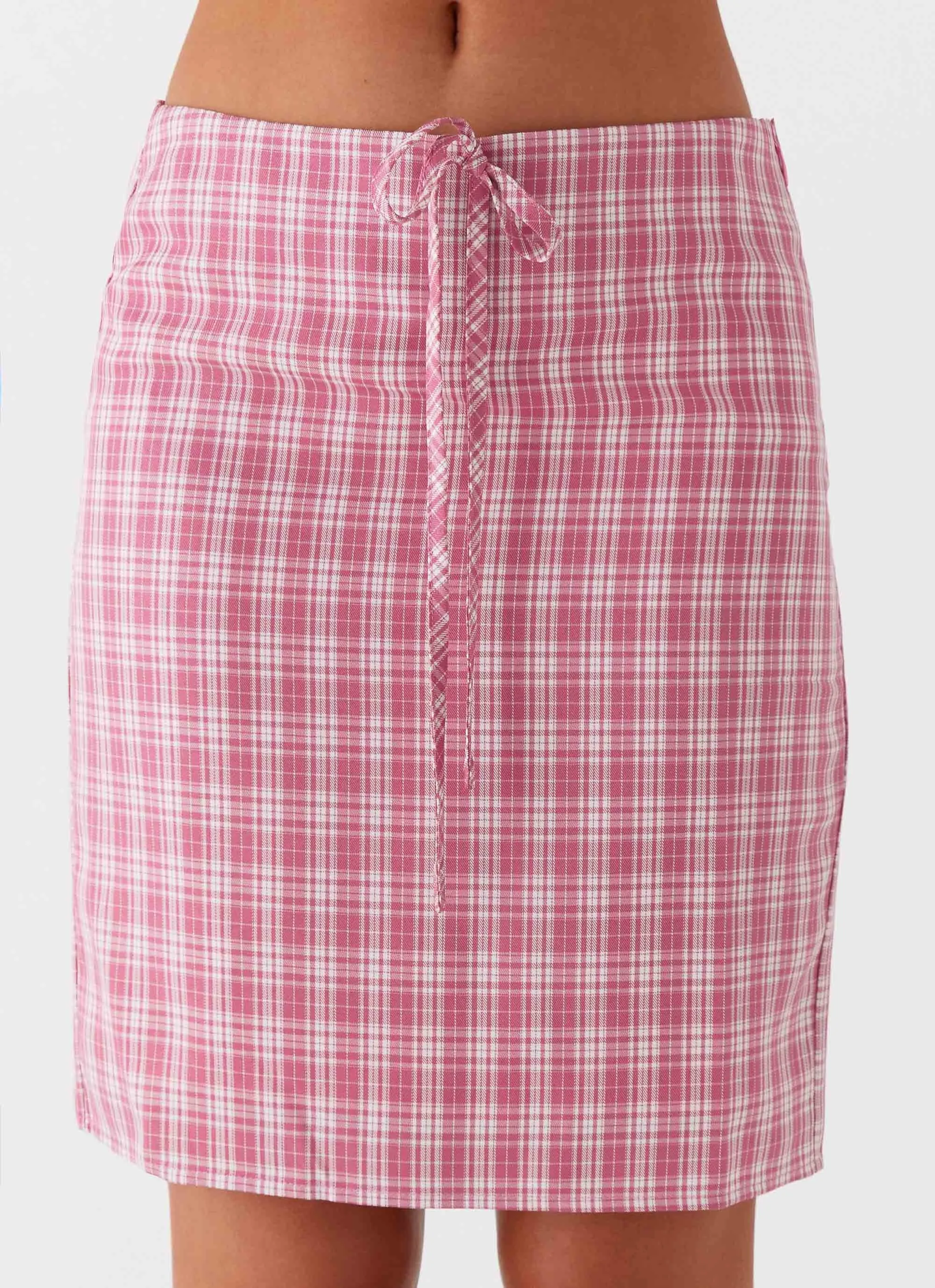 Mamita Midi Skirt - Pink Check Waist Defining Elegant Texture