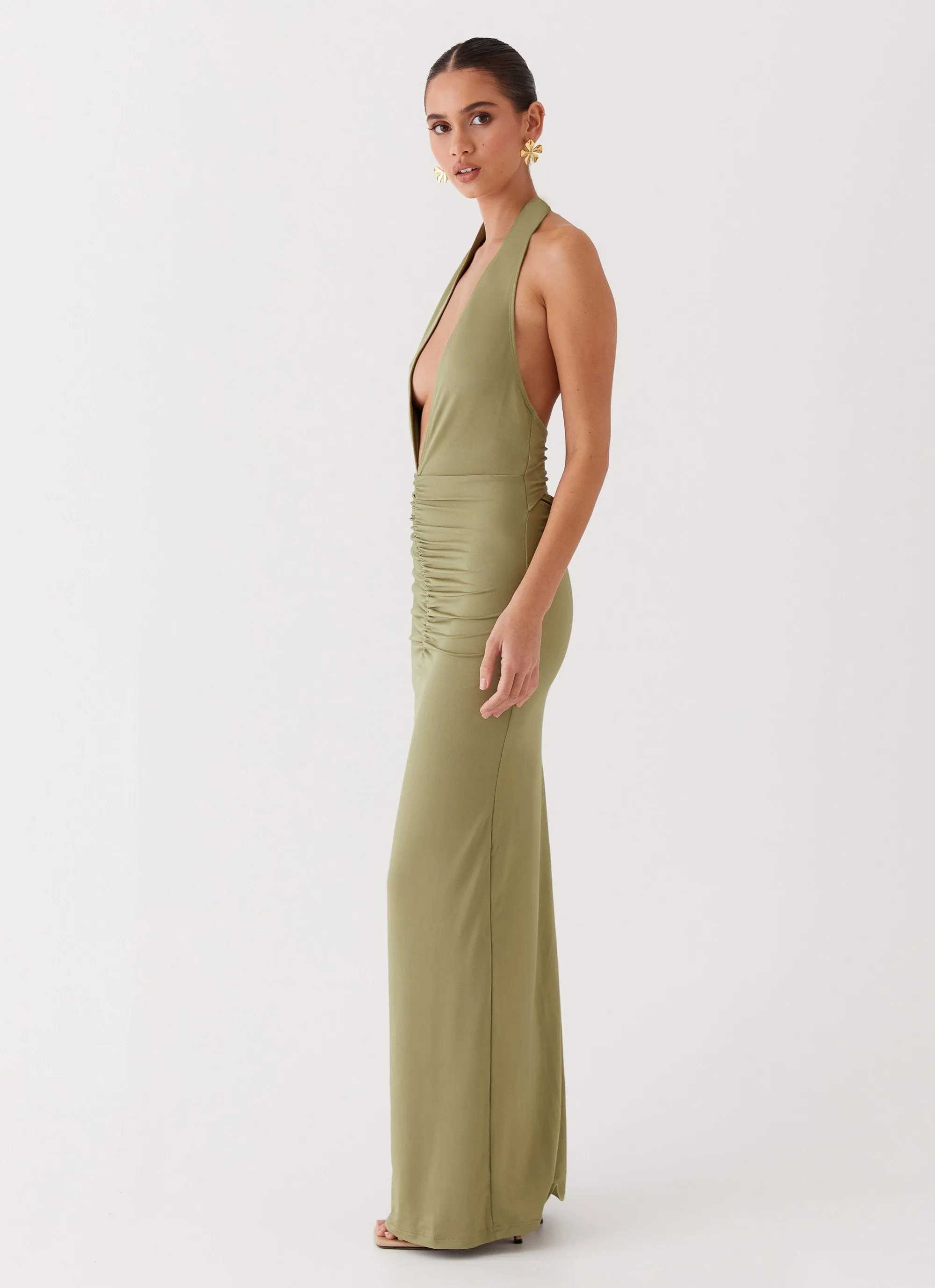 Winter Retreat All-Day Wear Whisked Away Halterneck Maxi Dress - Olive