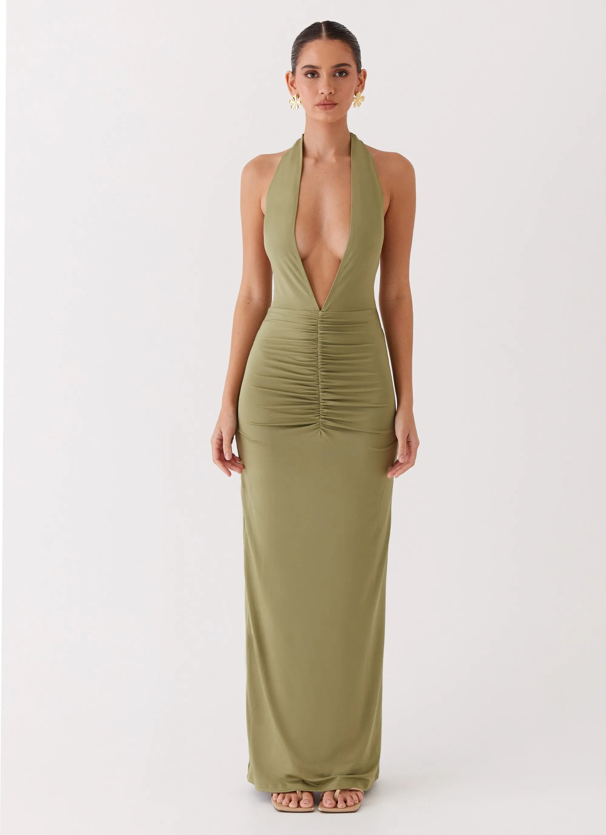 Gift Idea Luxury Feel Whisked Away Halterneck Maxi Dress - Olive