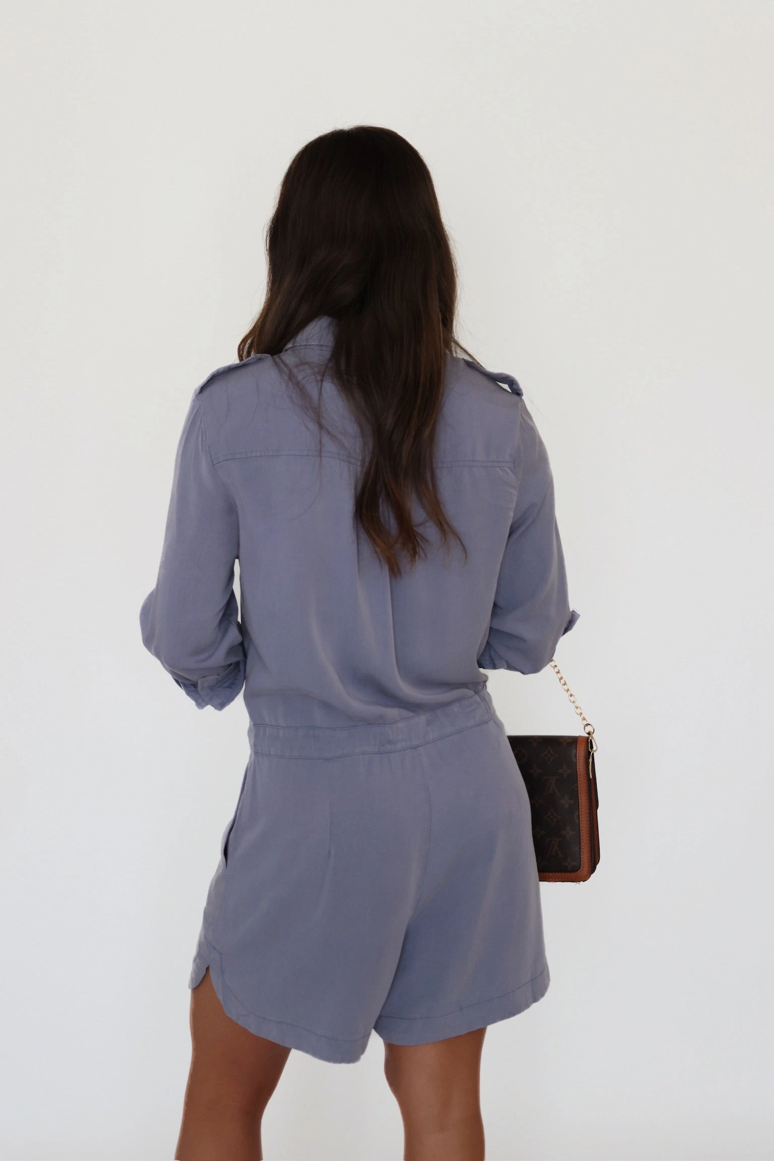Ribbed Hem Finish Reinforced Buttonholes Wiley Utility Romper - Dusty Blue- Final Sale