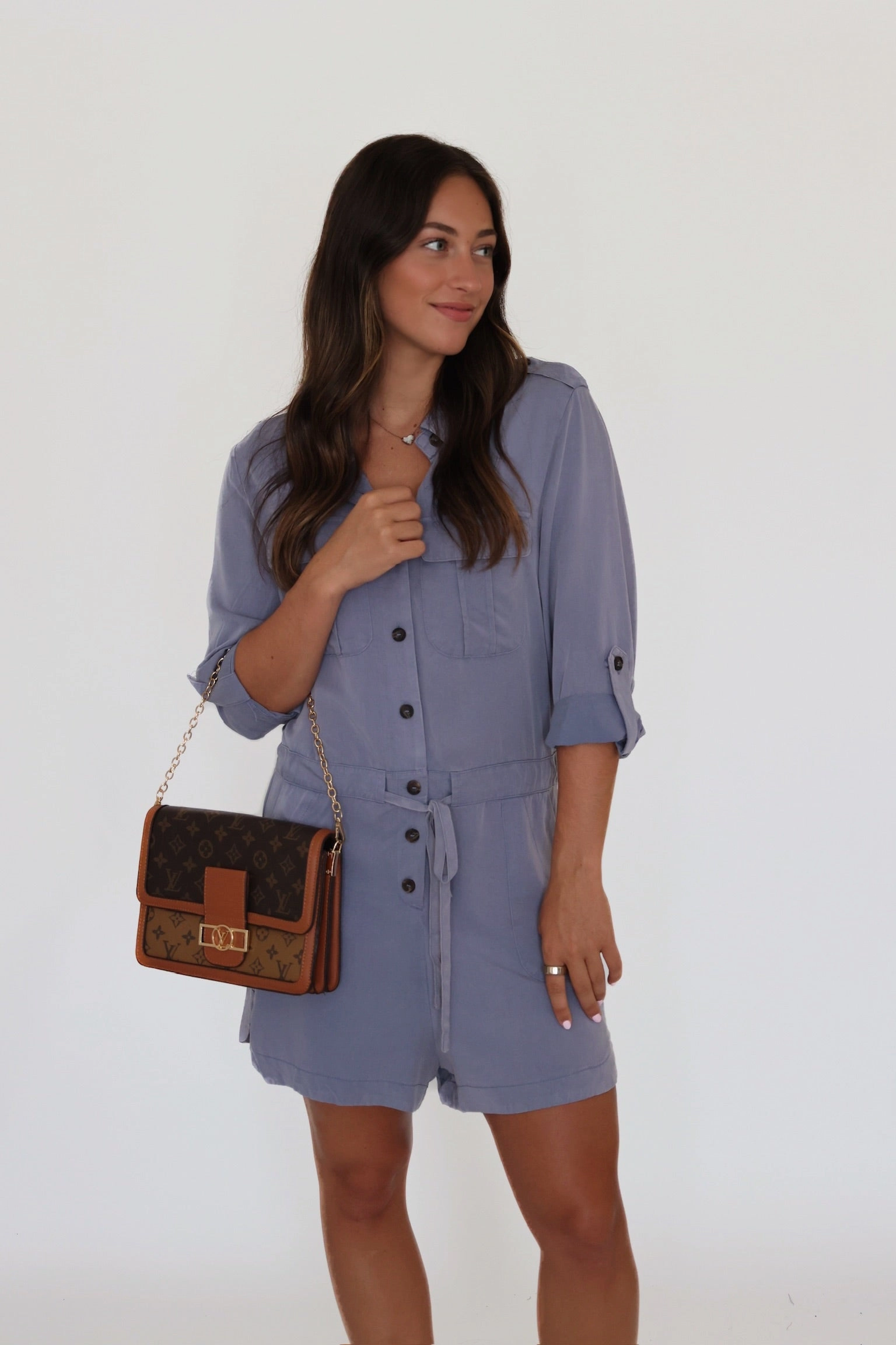 EcoFriendlyTexture All Over Print Technique Wiley Utility Romper - Dusty Blue- Final Sale