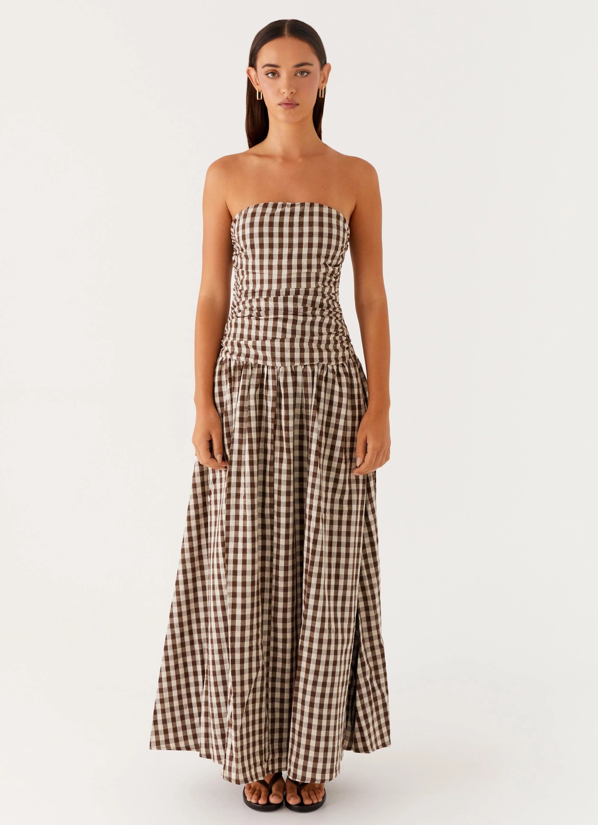 Soft Fabric Cozy Vibes Carmel Maxi Dress - Brown Gingham