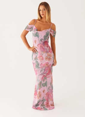 Seline Maxi Dress - Pink Floral Tailored Fit Shine Moment