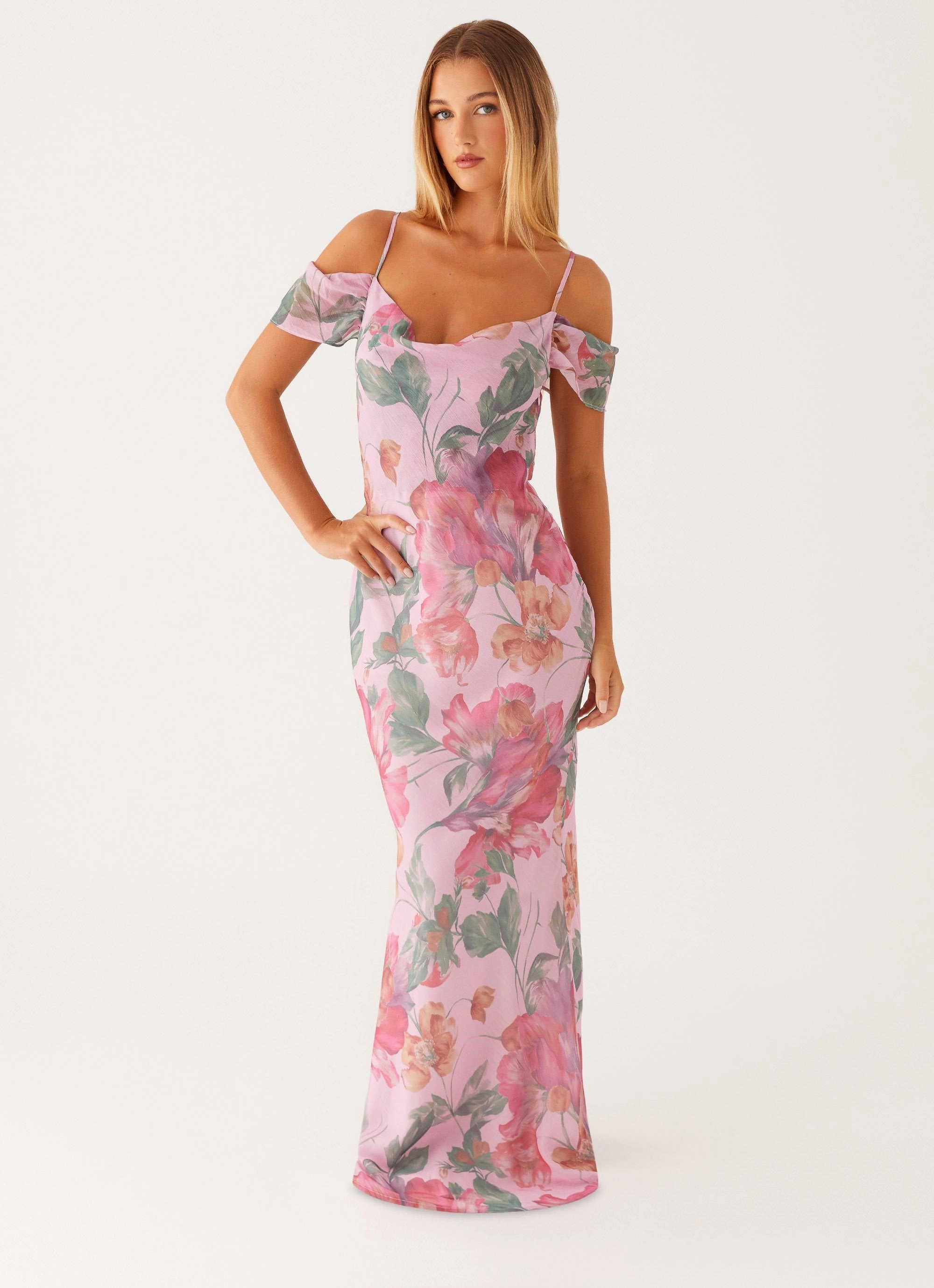 Seline Maxi Dress - Pink Floral Tailored Fit Shine Moment