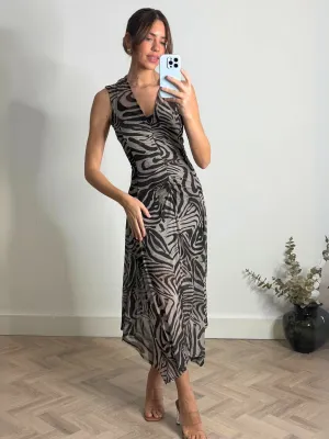 Senna V Neck Ruched Mesh Dress in Zebra Sleeveless