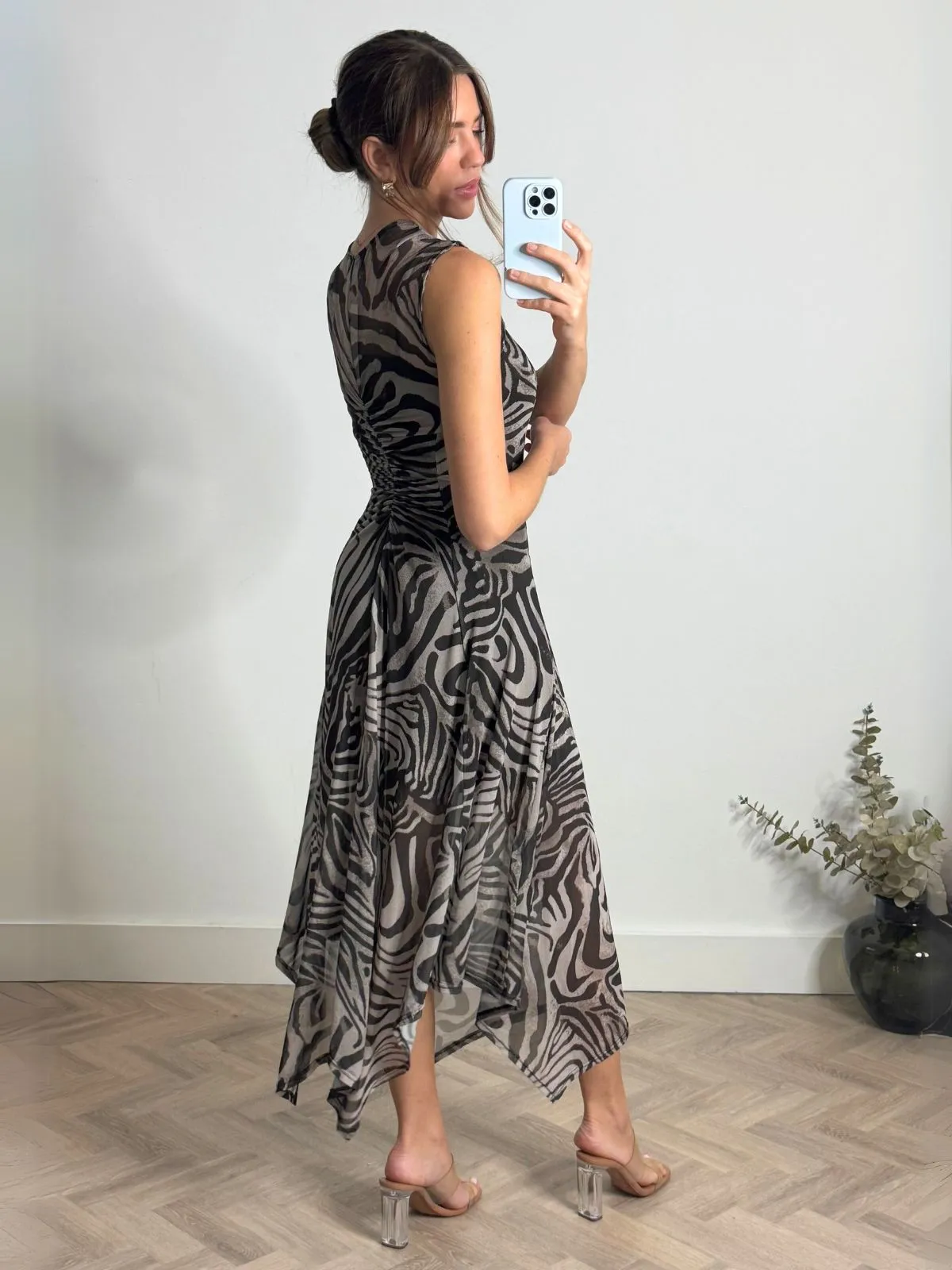 Clean Stitch Senna V Neck Ruched Mesh Dress in Zebra