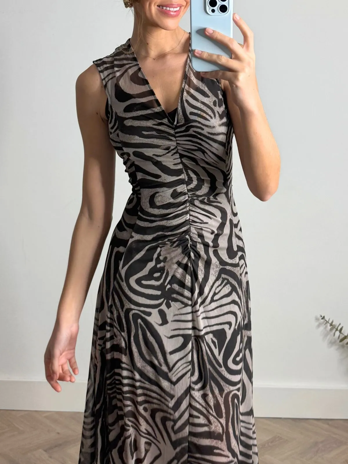 Elegant Everyday Senna V Neck Ruched Mesh Dress in Zebra