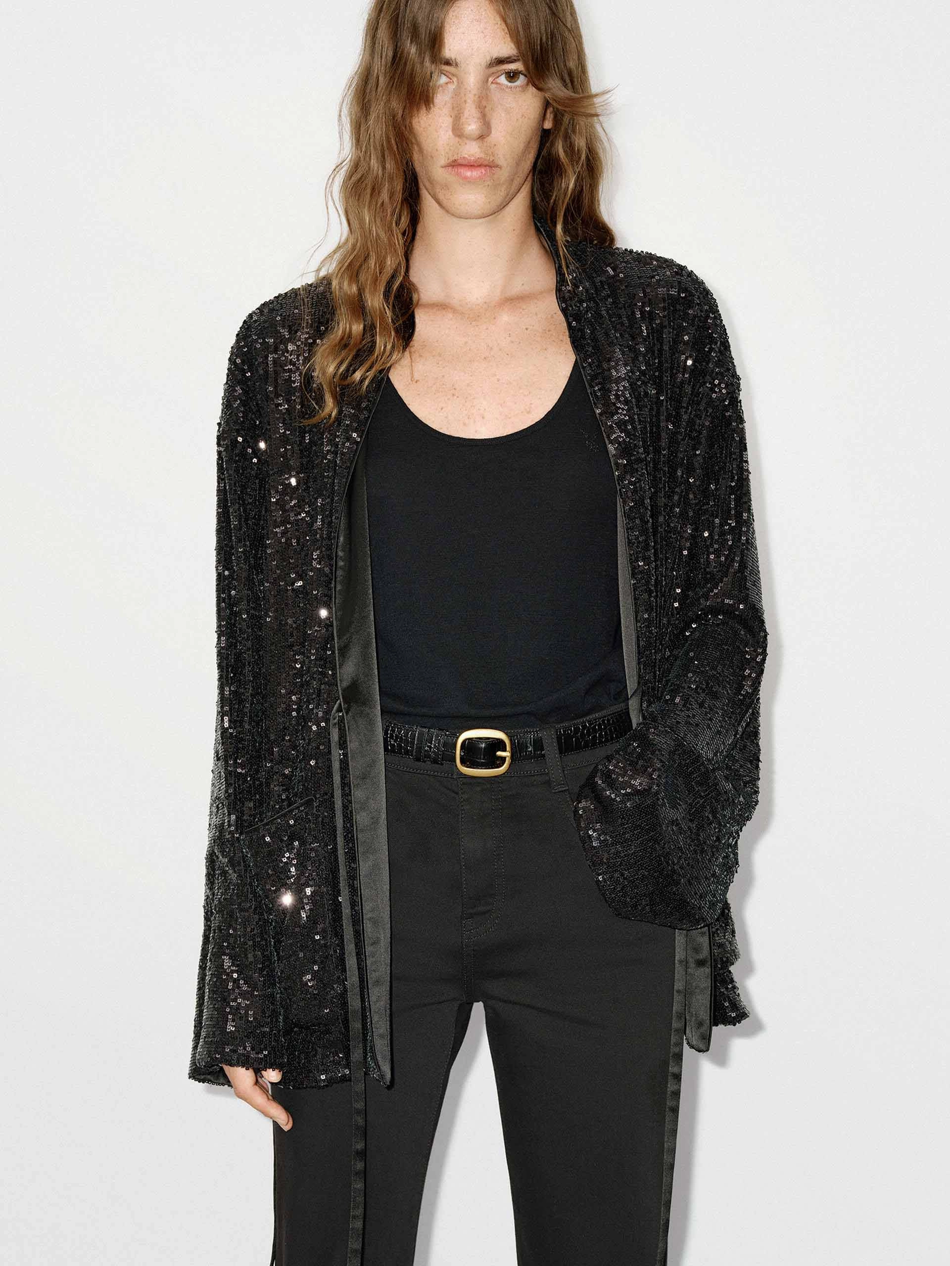 Neutral Street Style Foldable Design Sequin Textured Loose Coat