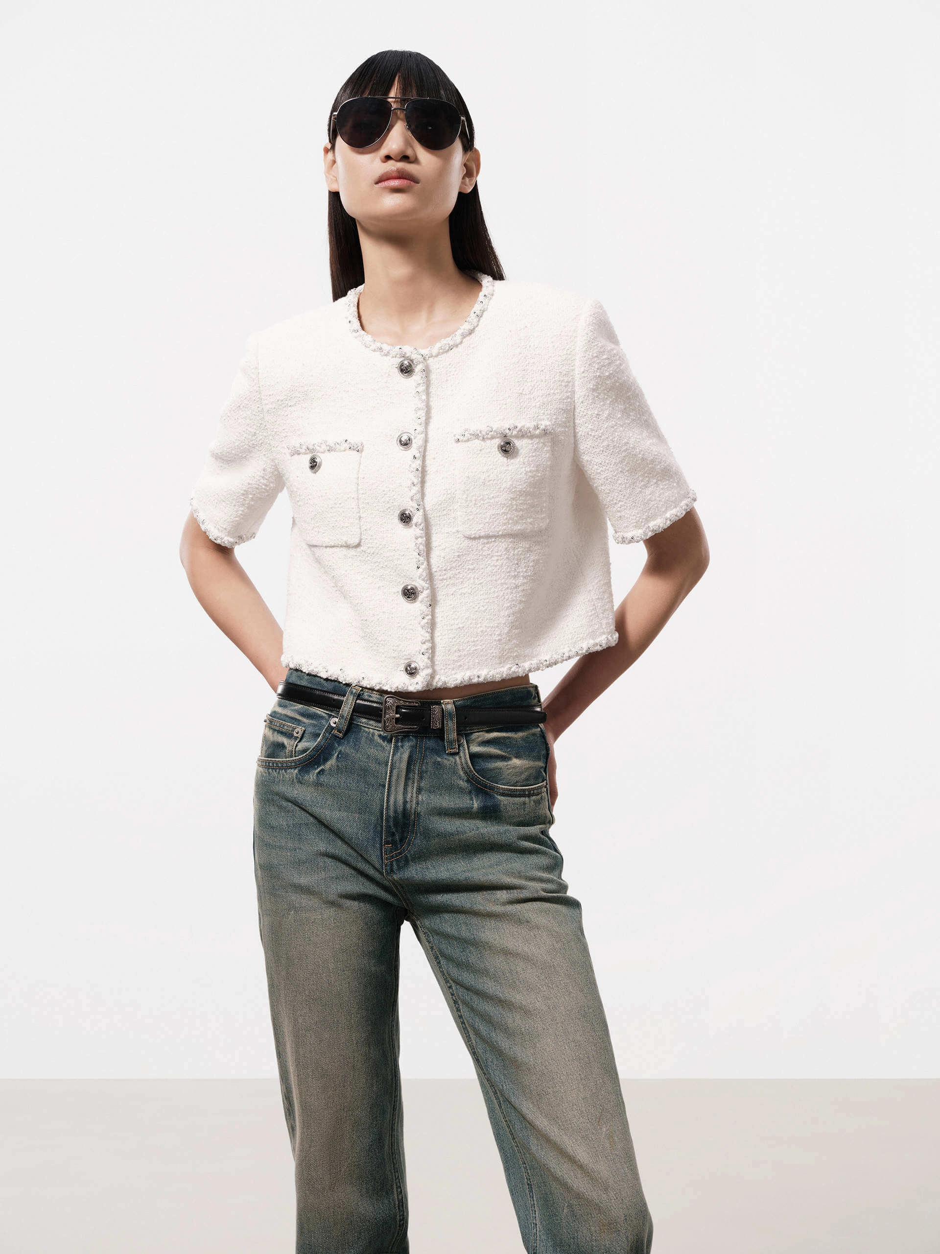 Sequins Trim Tweed Jacket Adjustable drawstring