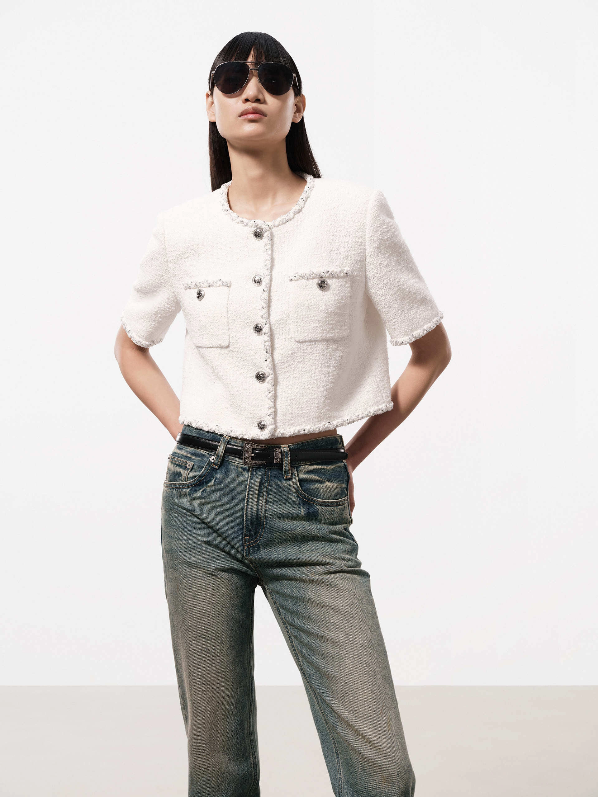 Multi Layer Option Stretch Panels Sequins Trim Tweed Jacket