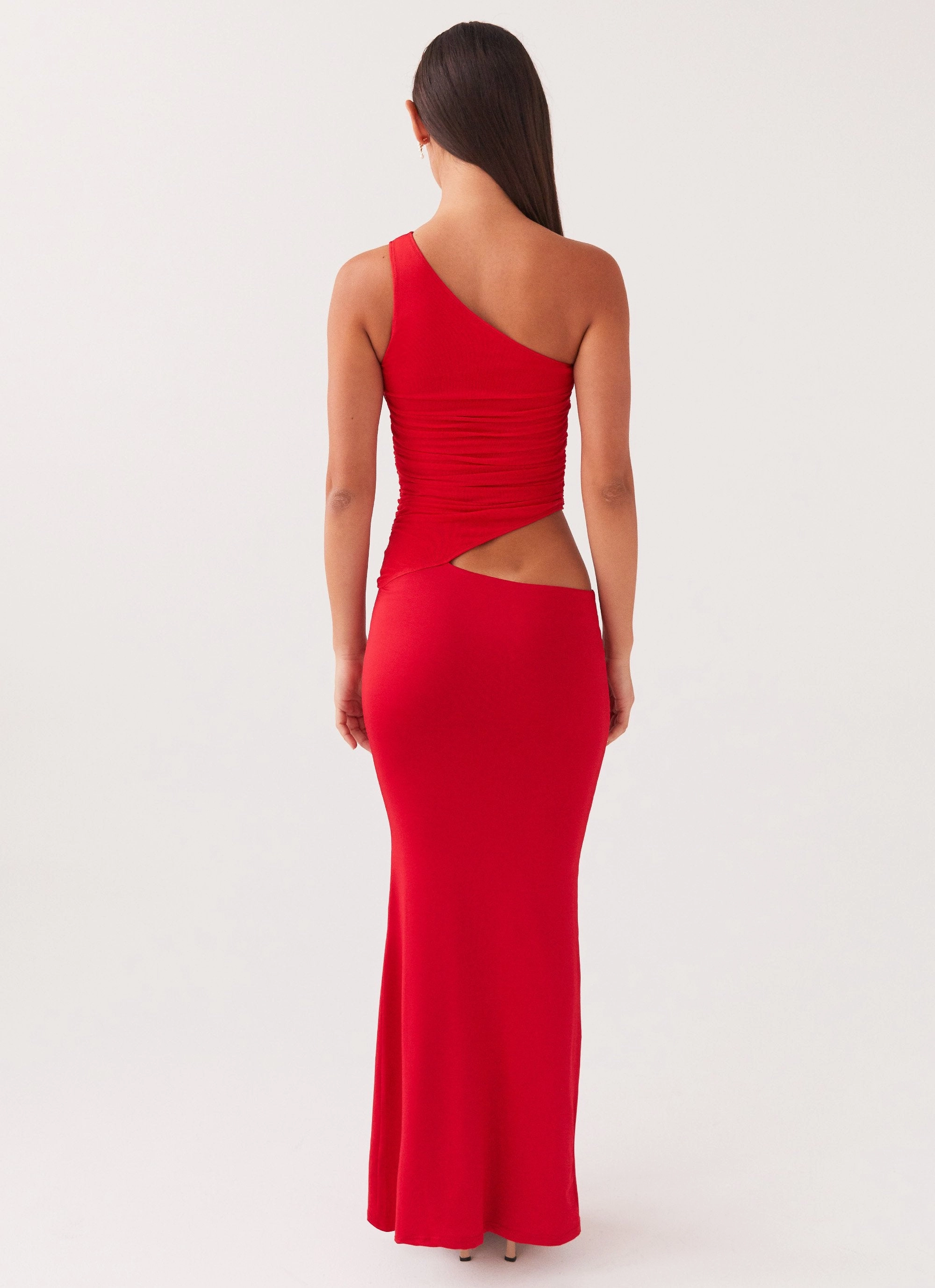Seranella One Shoulder Maxi Dress - Cherry Red Cozy Vibe Texture Play