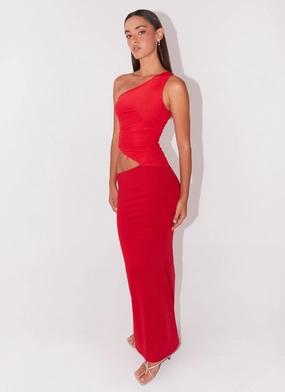 Seranella One Shoulder Maxi Dress - Cherry Red Zip Closure
