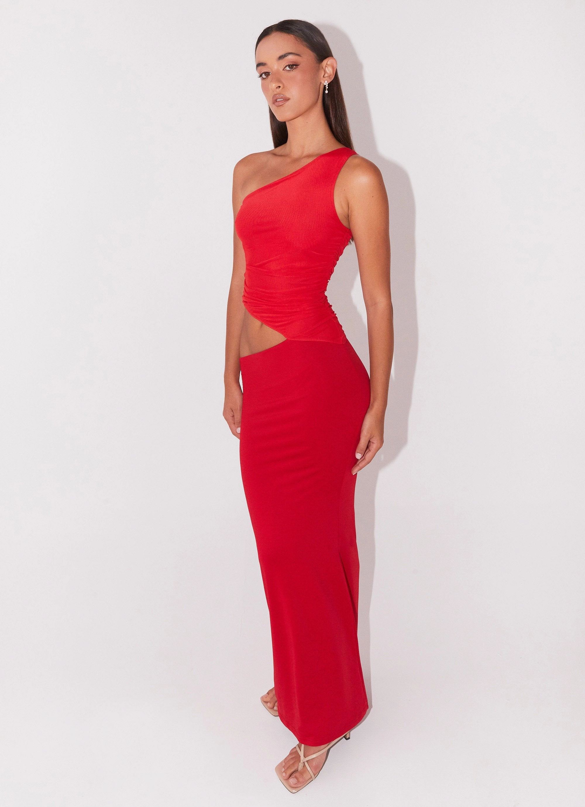 Seranella One Shoulder Maxi Dress - Cherry Red Zip Closure