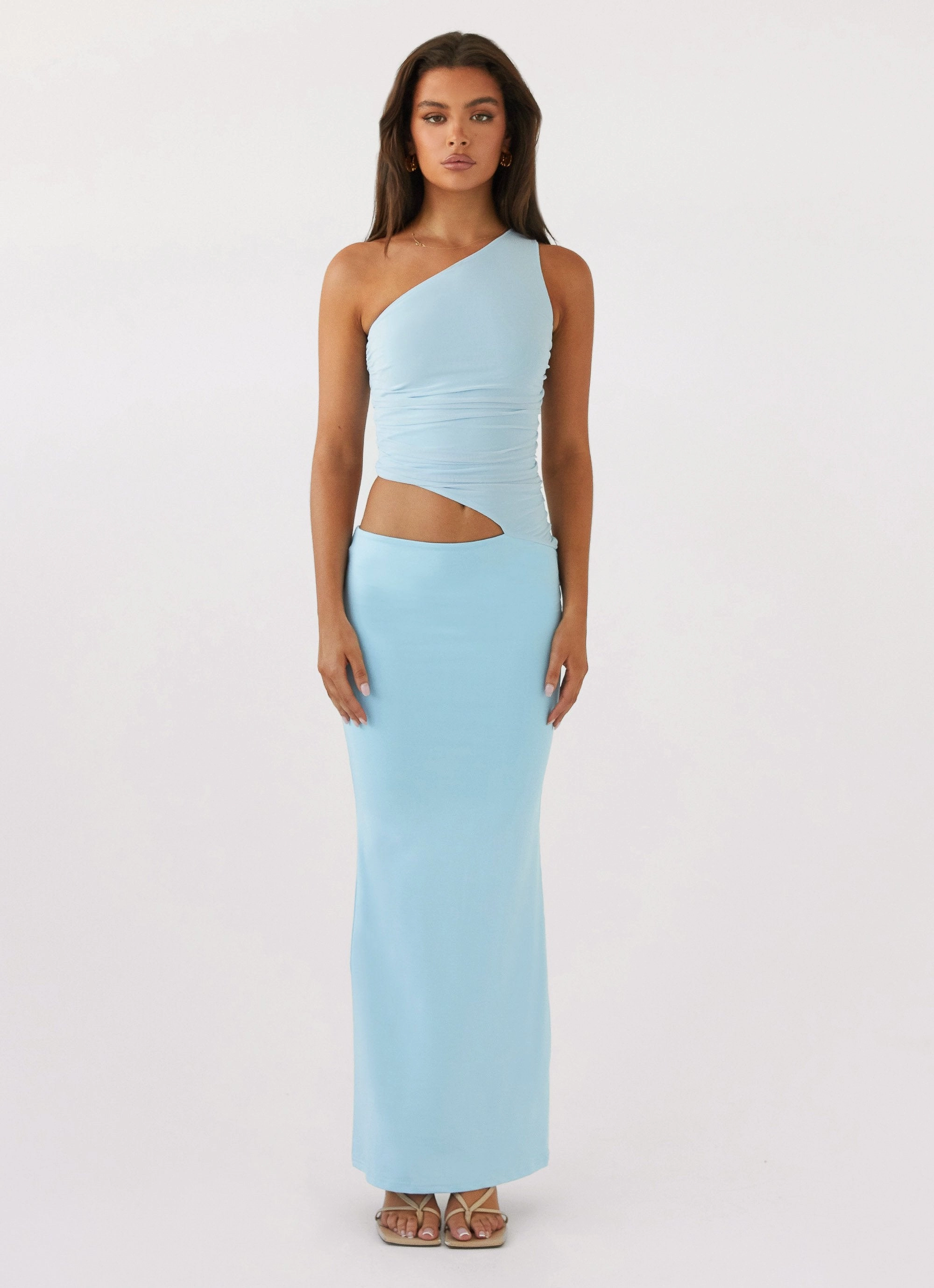 Stylish Waistband Design Seranella One Shoulder Maxi Dress - Sky Blue