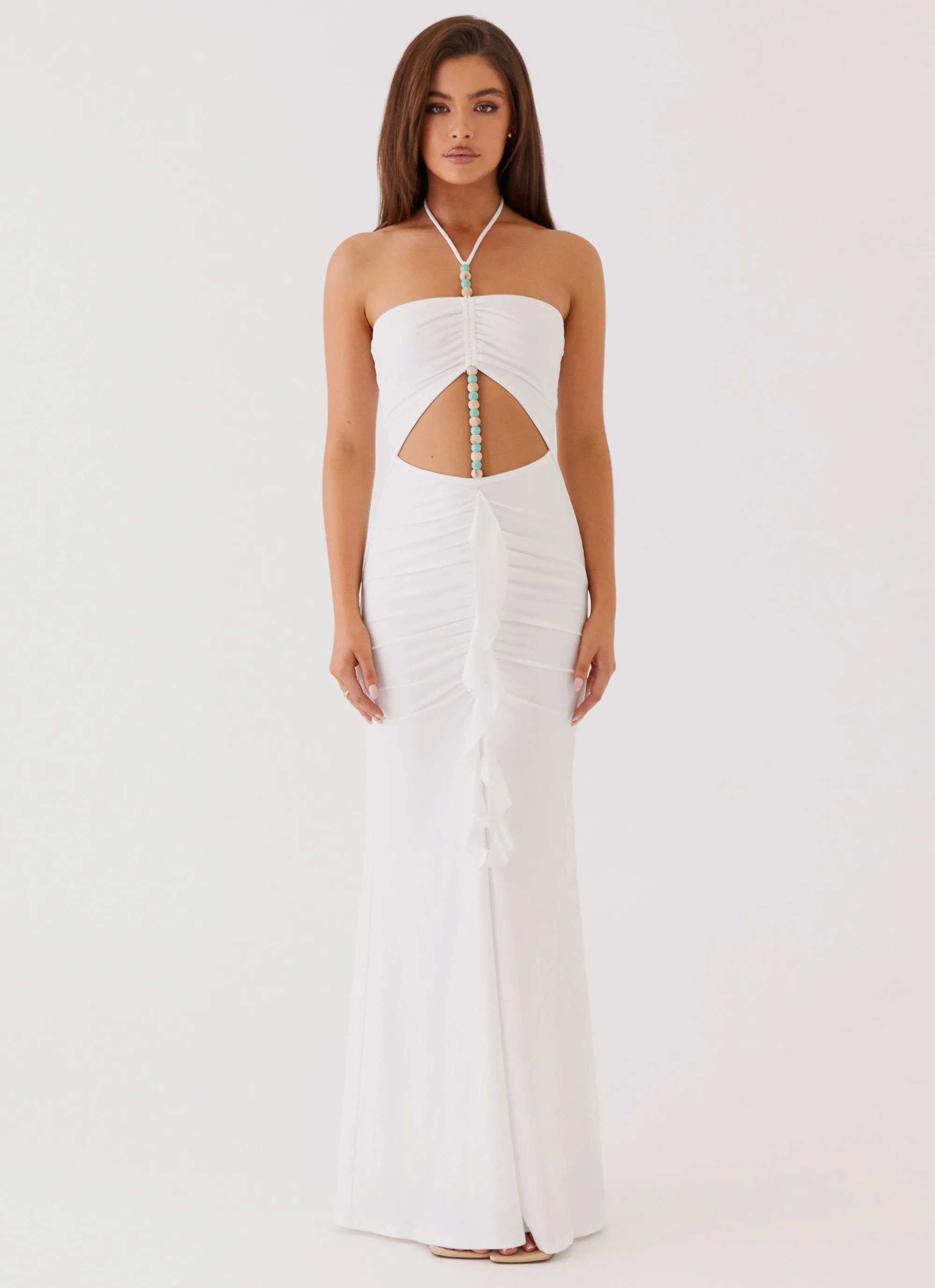 Serina Ruffle Maxi Dress - White Country Charm Flexible Shoulder Construction