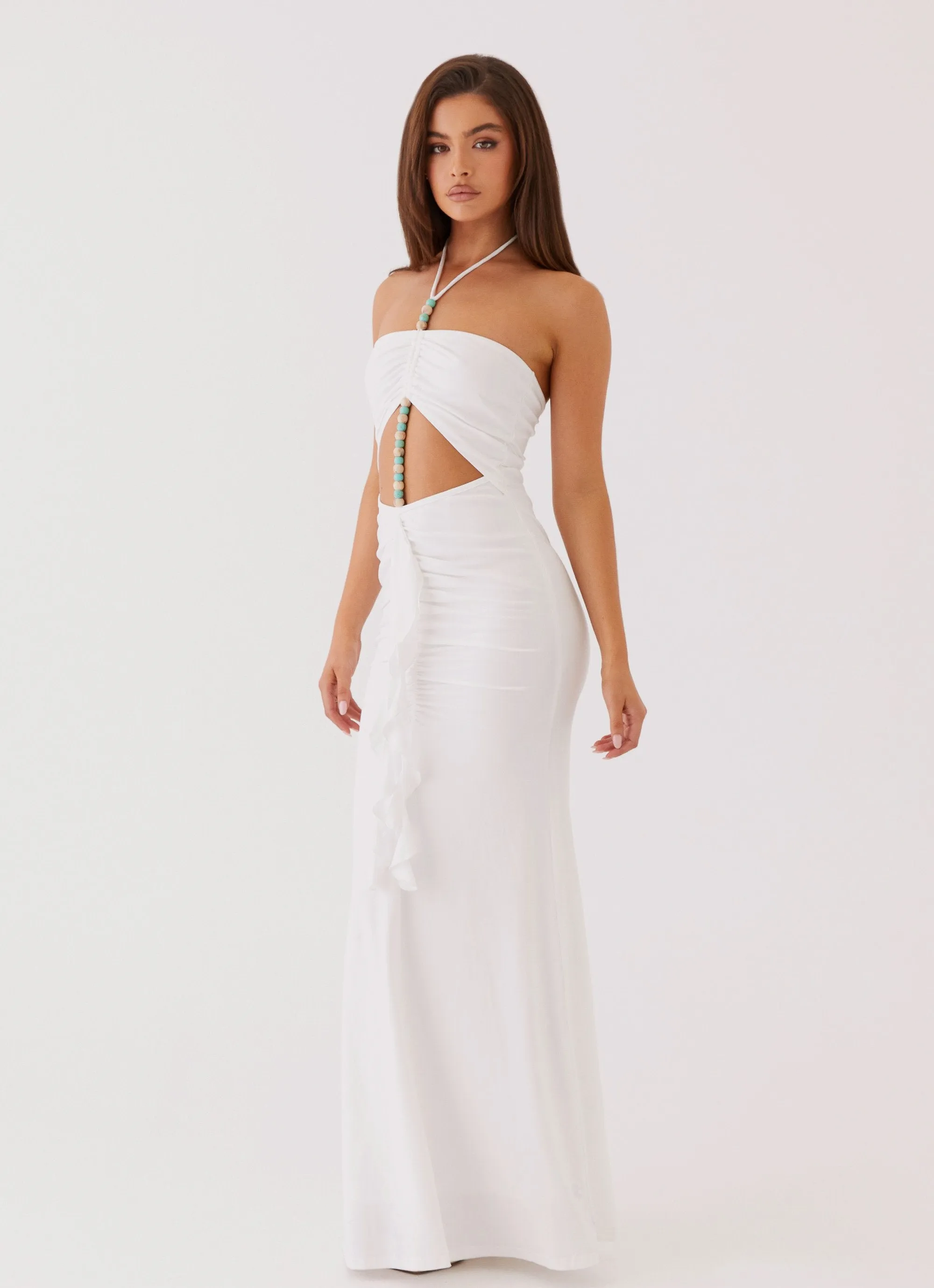 Serina Ruffle Maxi Dress - White Printed Pattern