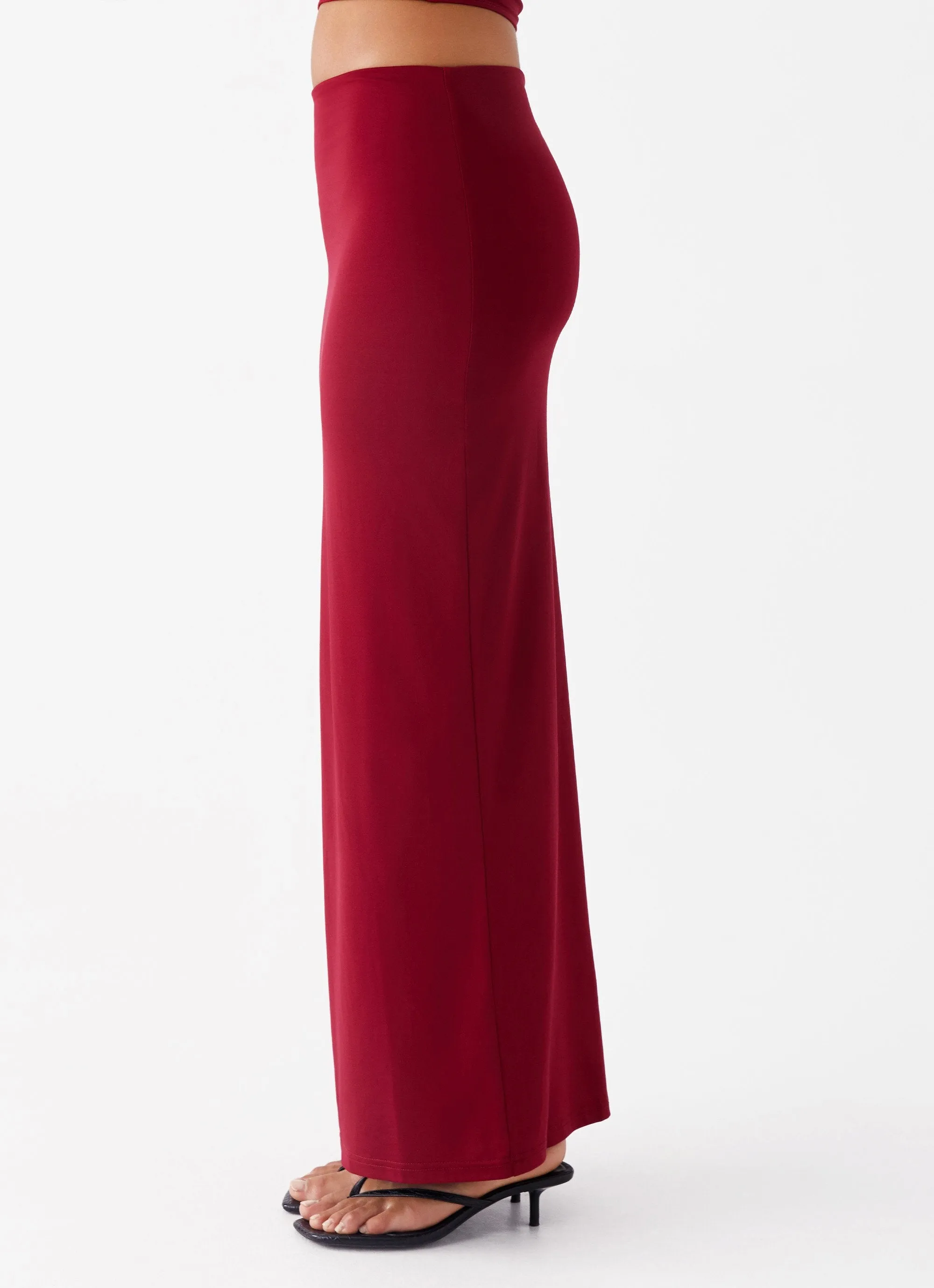 Solace Soul Maxi Skirt - Maroon Ventilated Panels Editorial Look