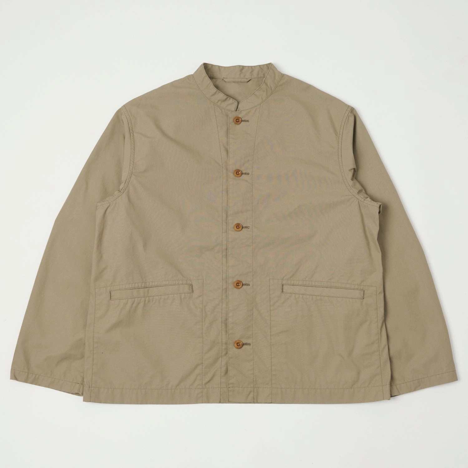Nanamica Band Collar Shirt Jacket - Taupe Compression Fit Design snap closure
