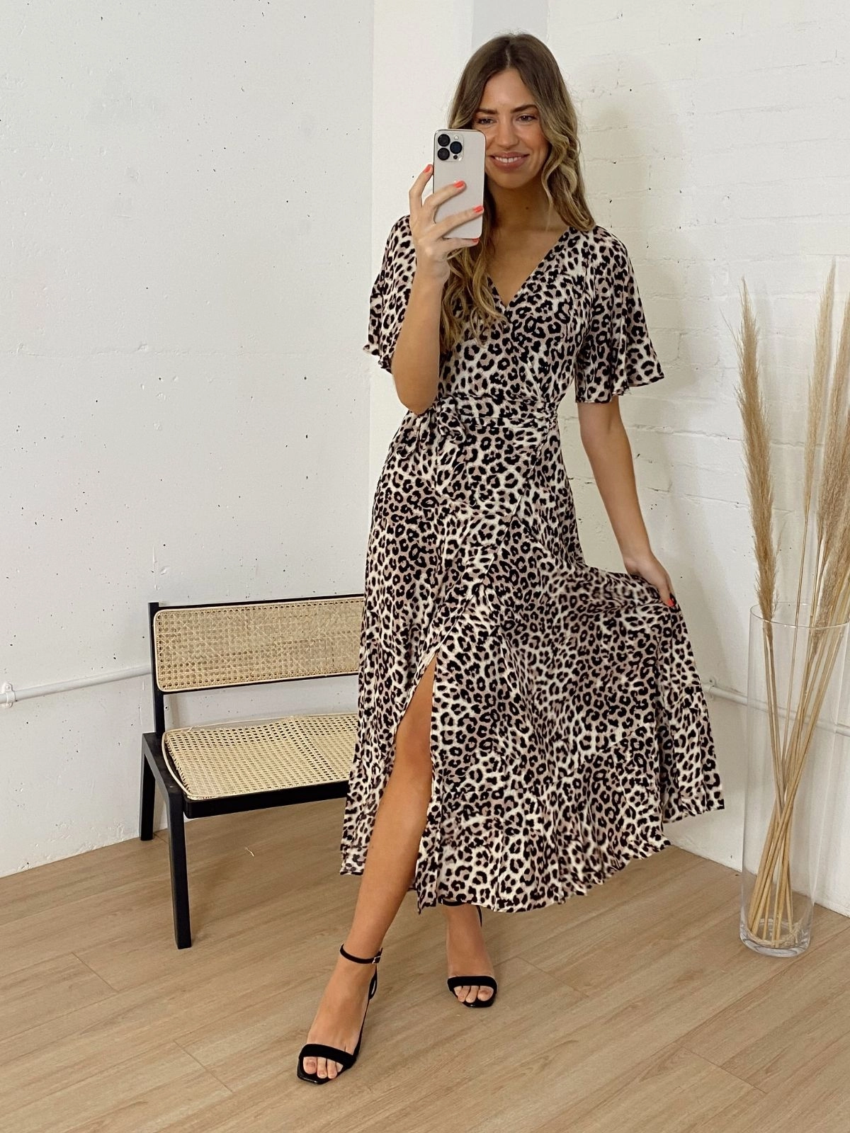 Ophelia Neutral Animal Print Angel Sleeve Wrap Midi Dress Unique Print
