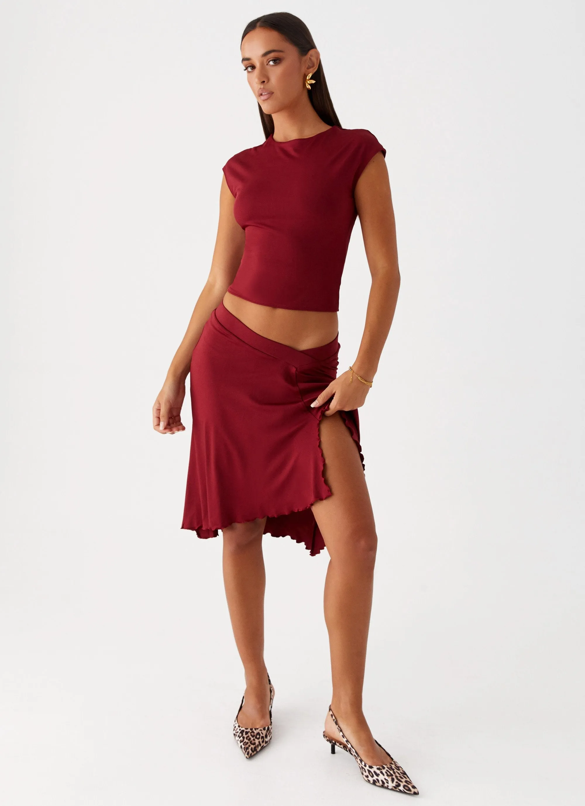 Shes A Lady Midi Skirt - Red Suede Feel