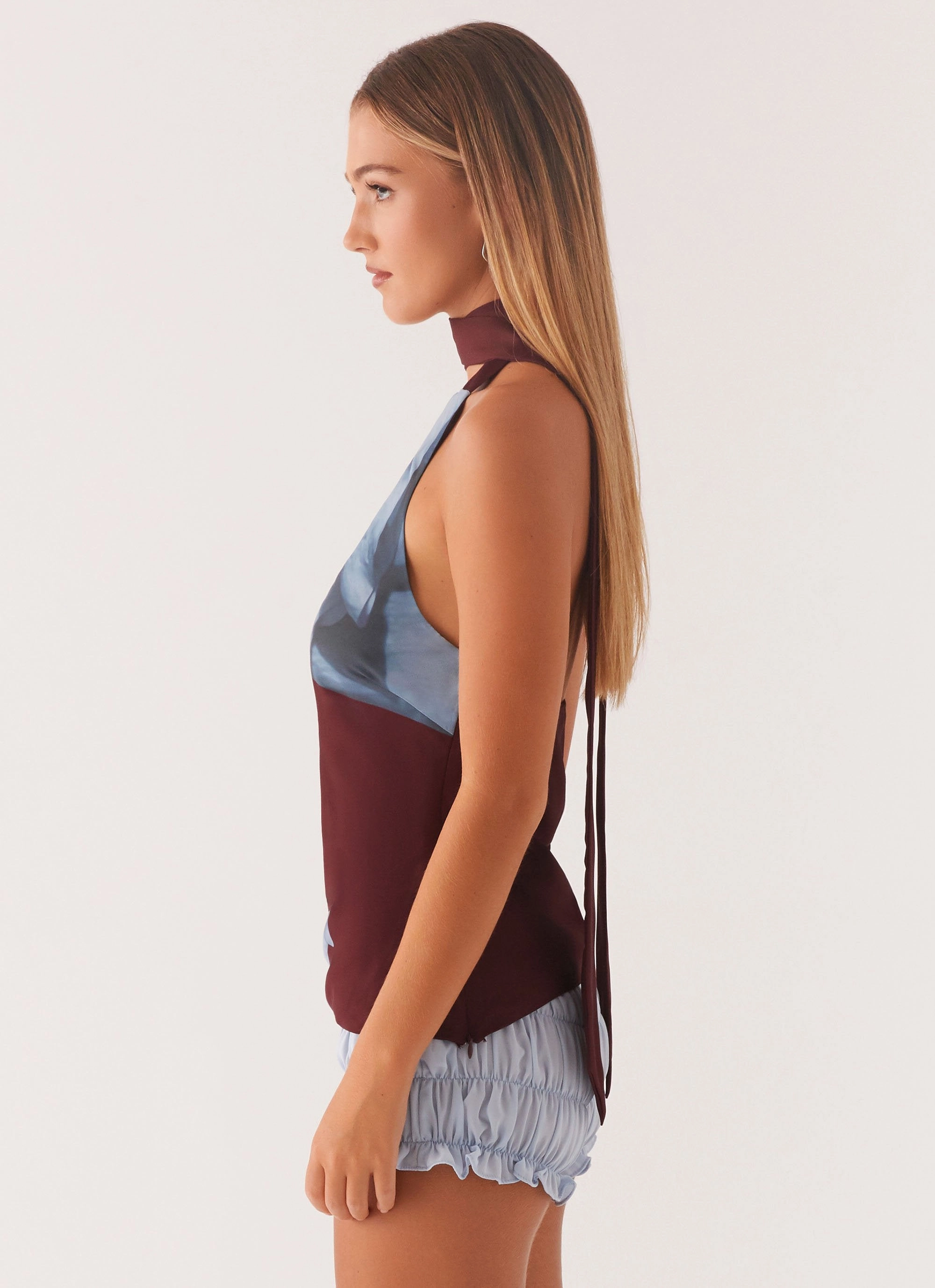 Catarina Halter Top - Maroon Print Ethically Sourced Yarn