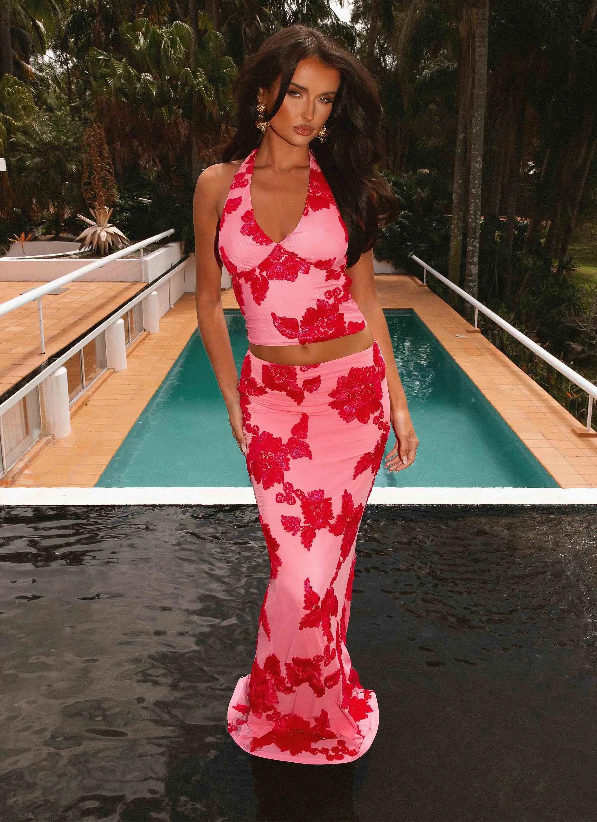 Ruching Details Designer Inspired Radiate Maxi Skirt - Pink