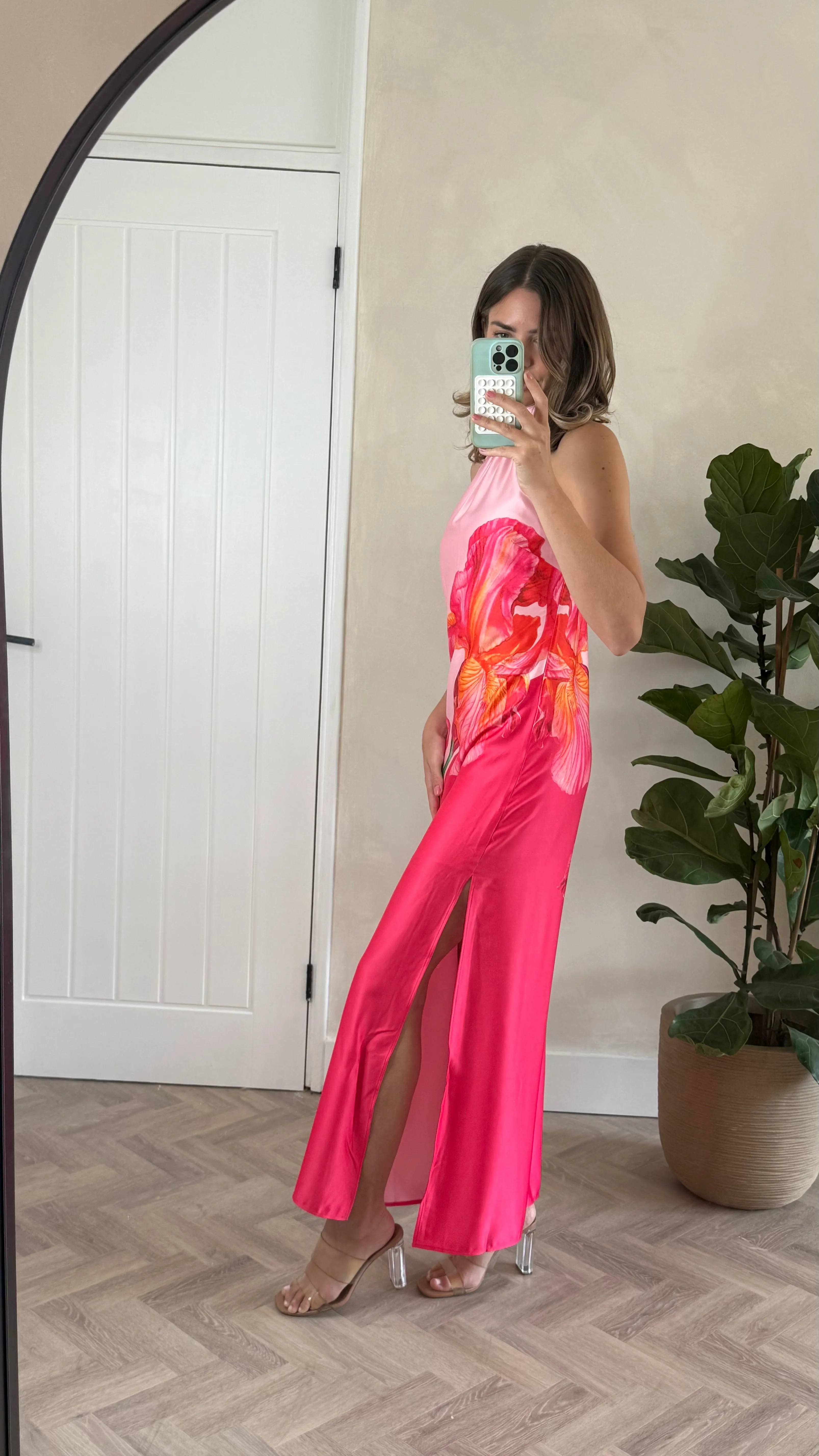 classic waist Easy Look Sienna Satin Halter Placement Print Dress in Pink