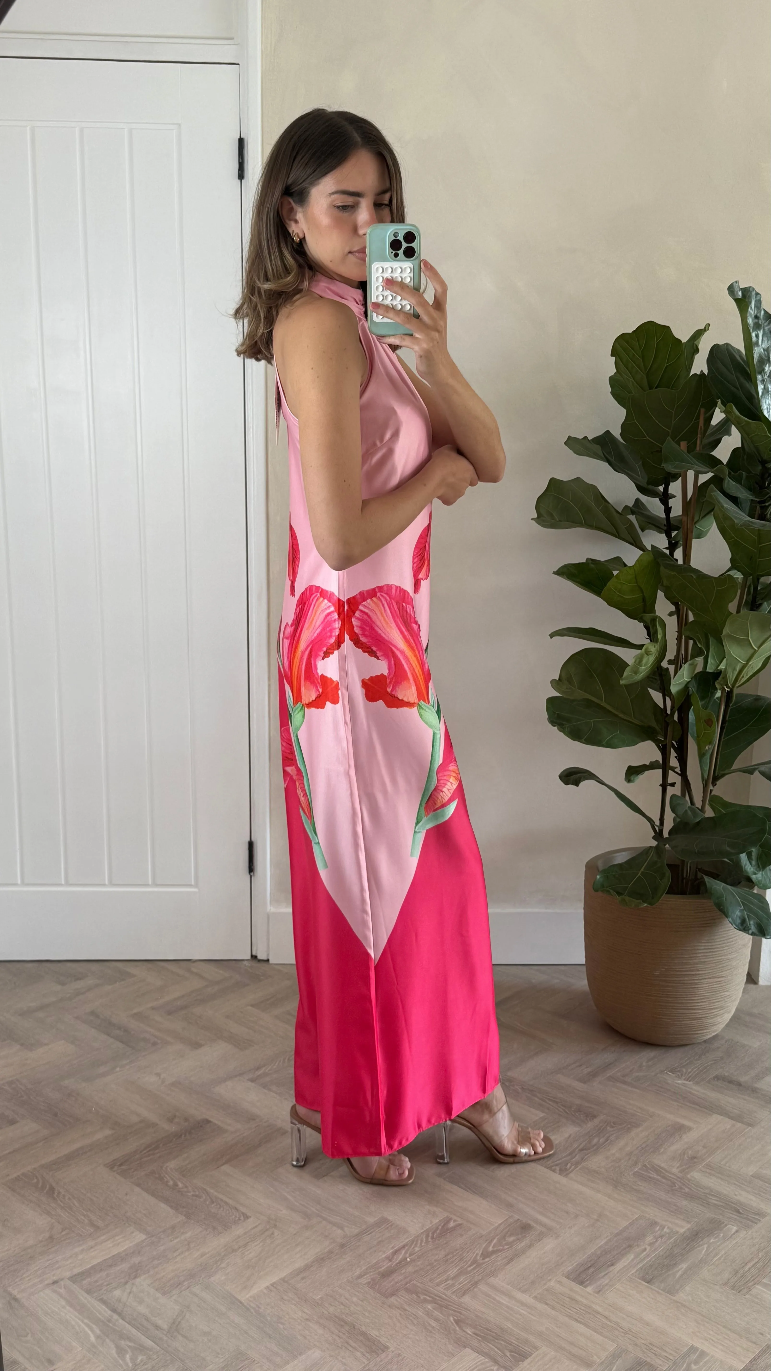 Sophisticated Cut Sienna Satin Halter Placement Print Dress in Pink