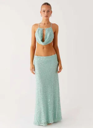 Amoura Sequin Low Rise Maxi Skirt - Mint Sage Playful Vibe