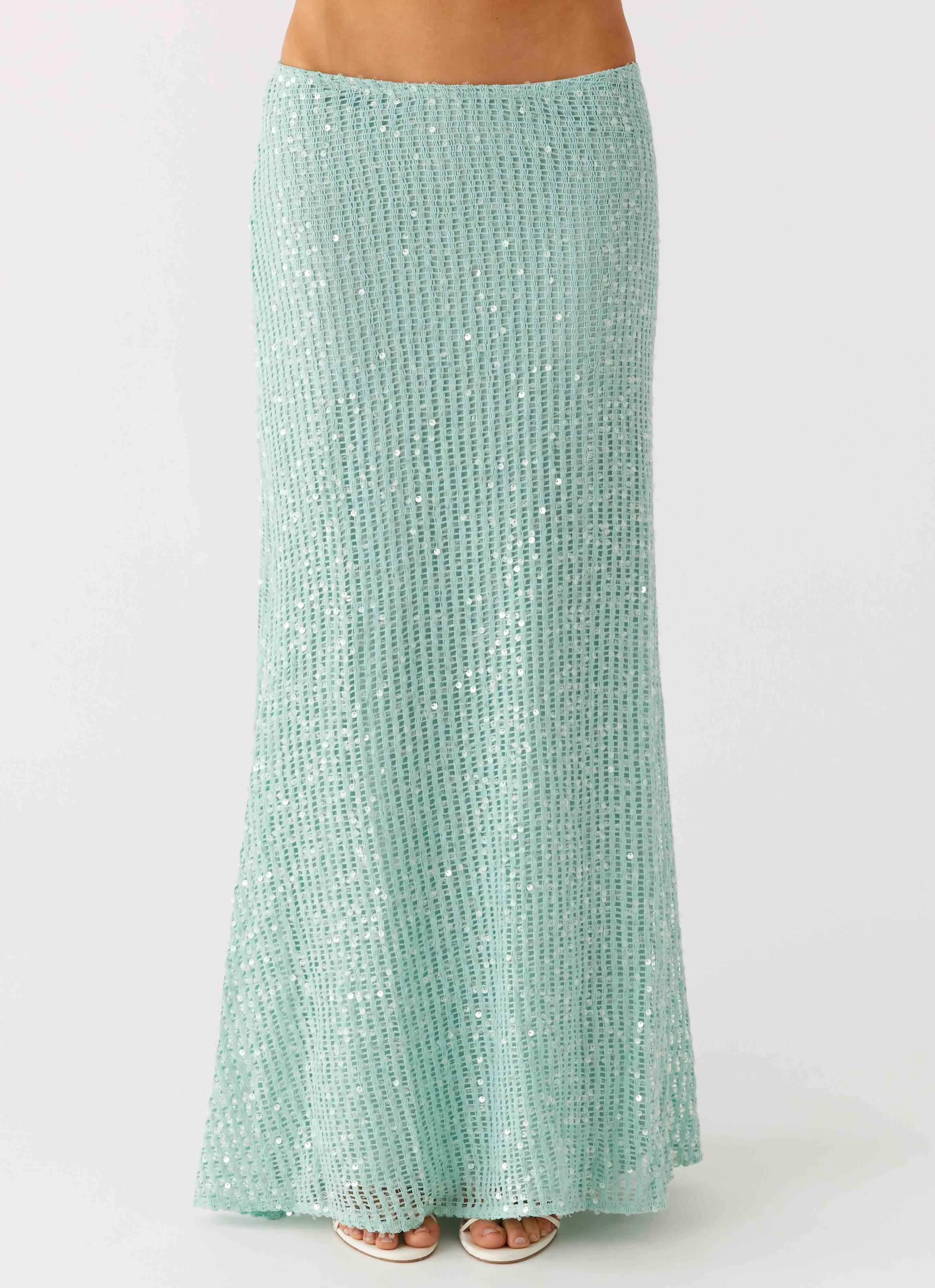 Budget Friendly Amoura Sequin Low Rise Maxi Skirt - Mint Sage
