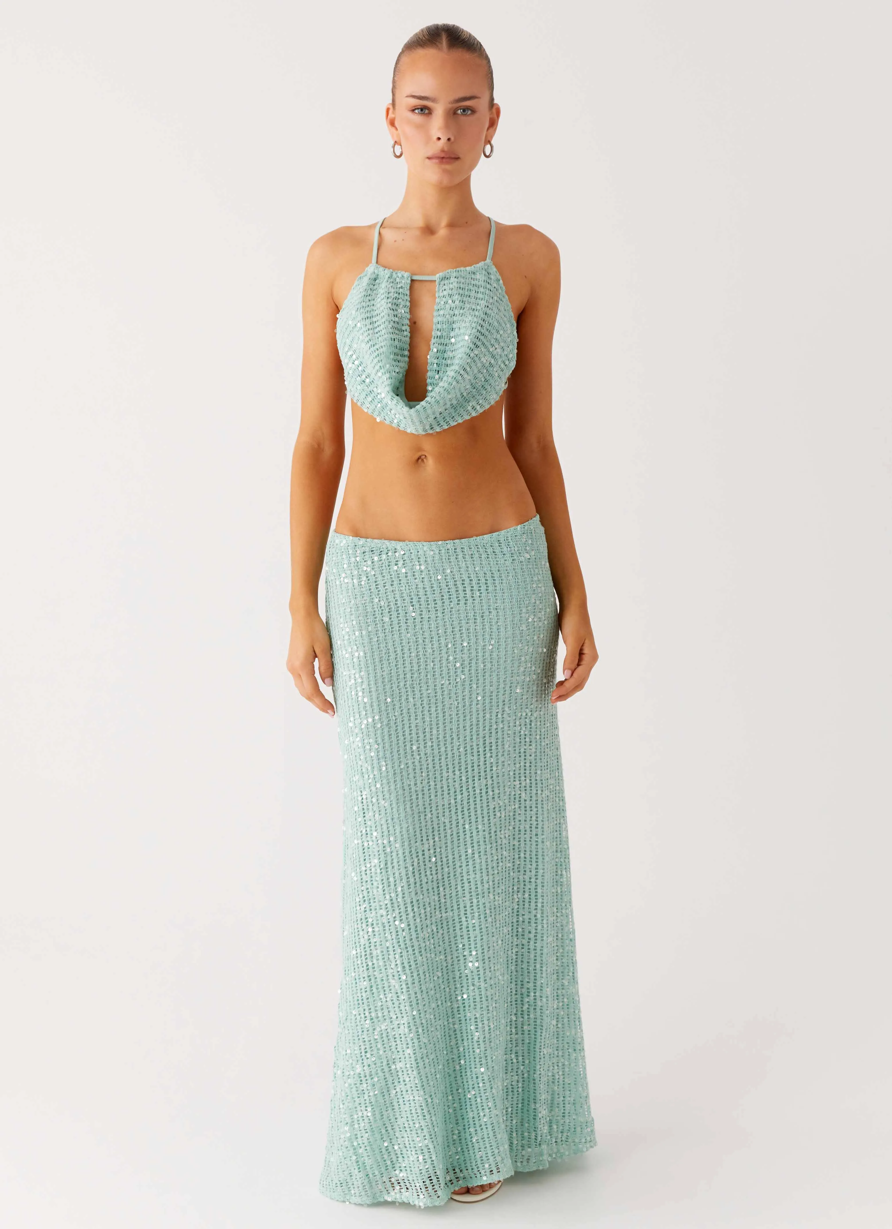 Amoura Sequin Low Rise Maxi Skirt - Mint Sage Playful Vibe