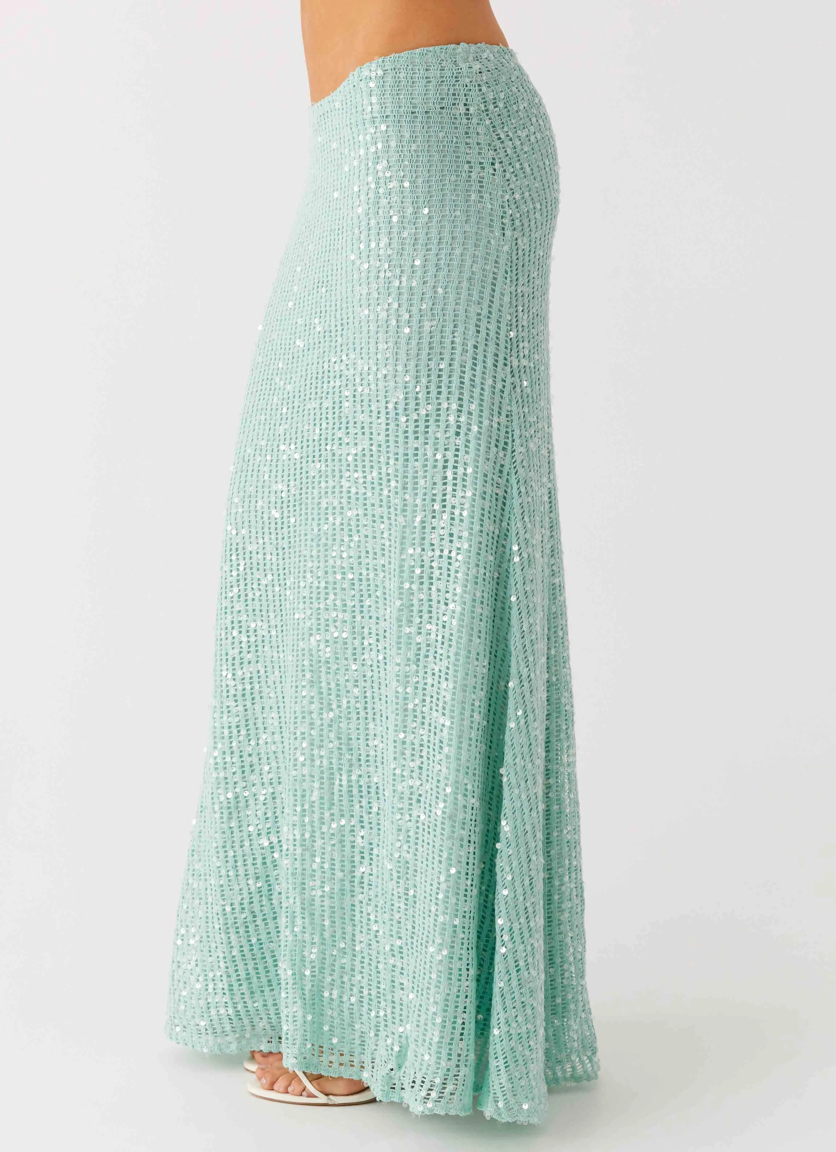 Editorial Look Amoura Sequin Low Rise Maxi Skirt - Mint Sage