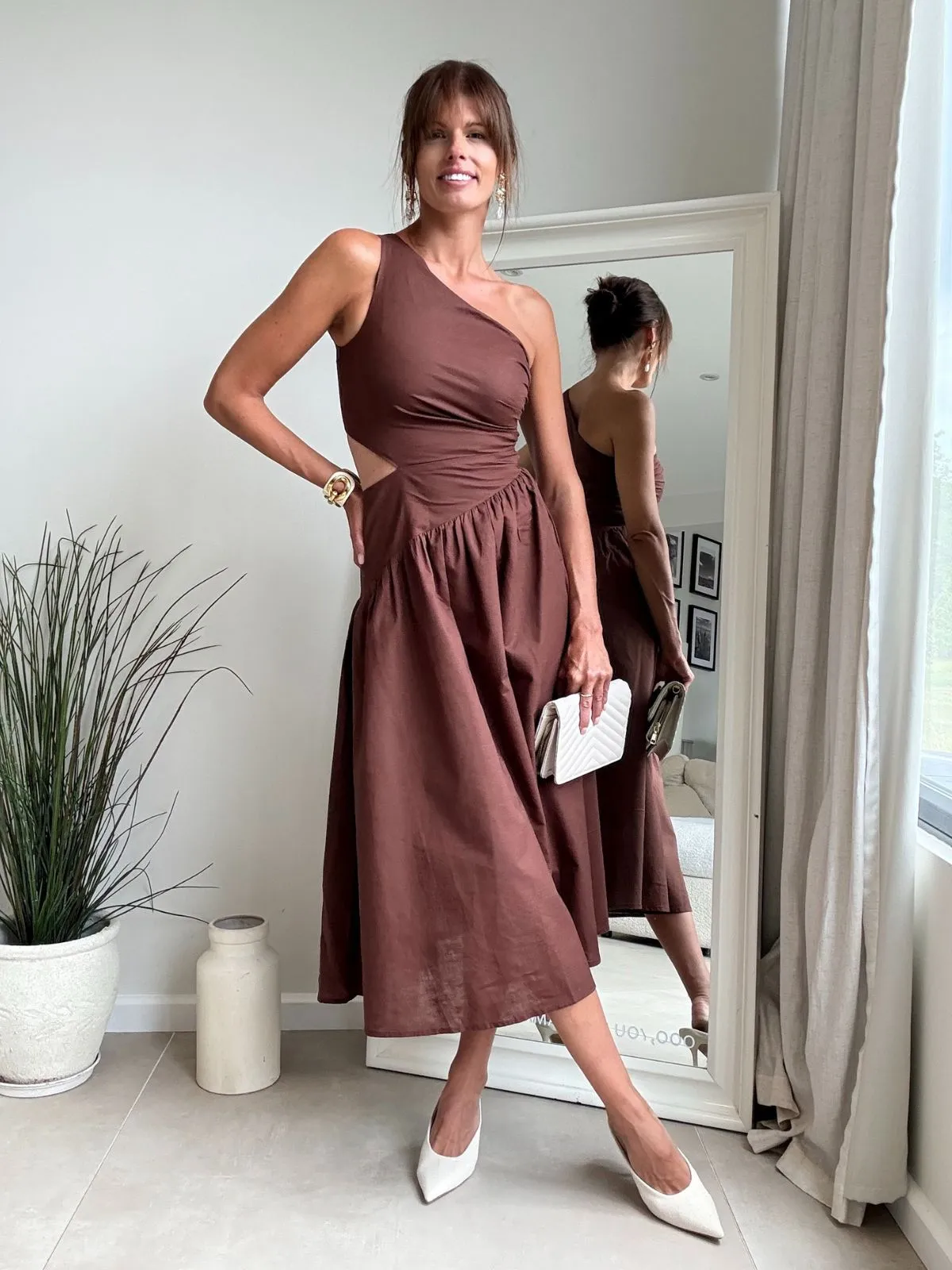 Flowing Texture Moment Soft Jasmine Cut Out One Shoulder Dress in Chocolate Brown
