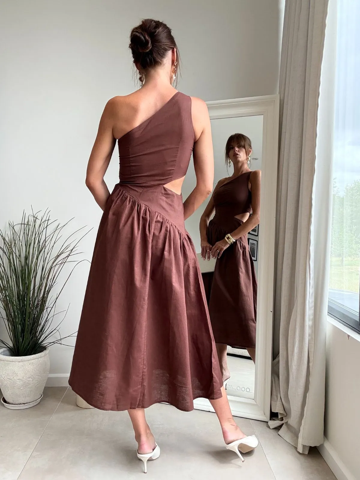 Jasmine Cut Out One Shoulder Dress in Chocolate Brown Weekend Feel Breezy Comfort