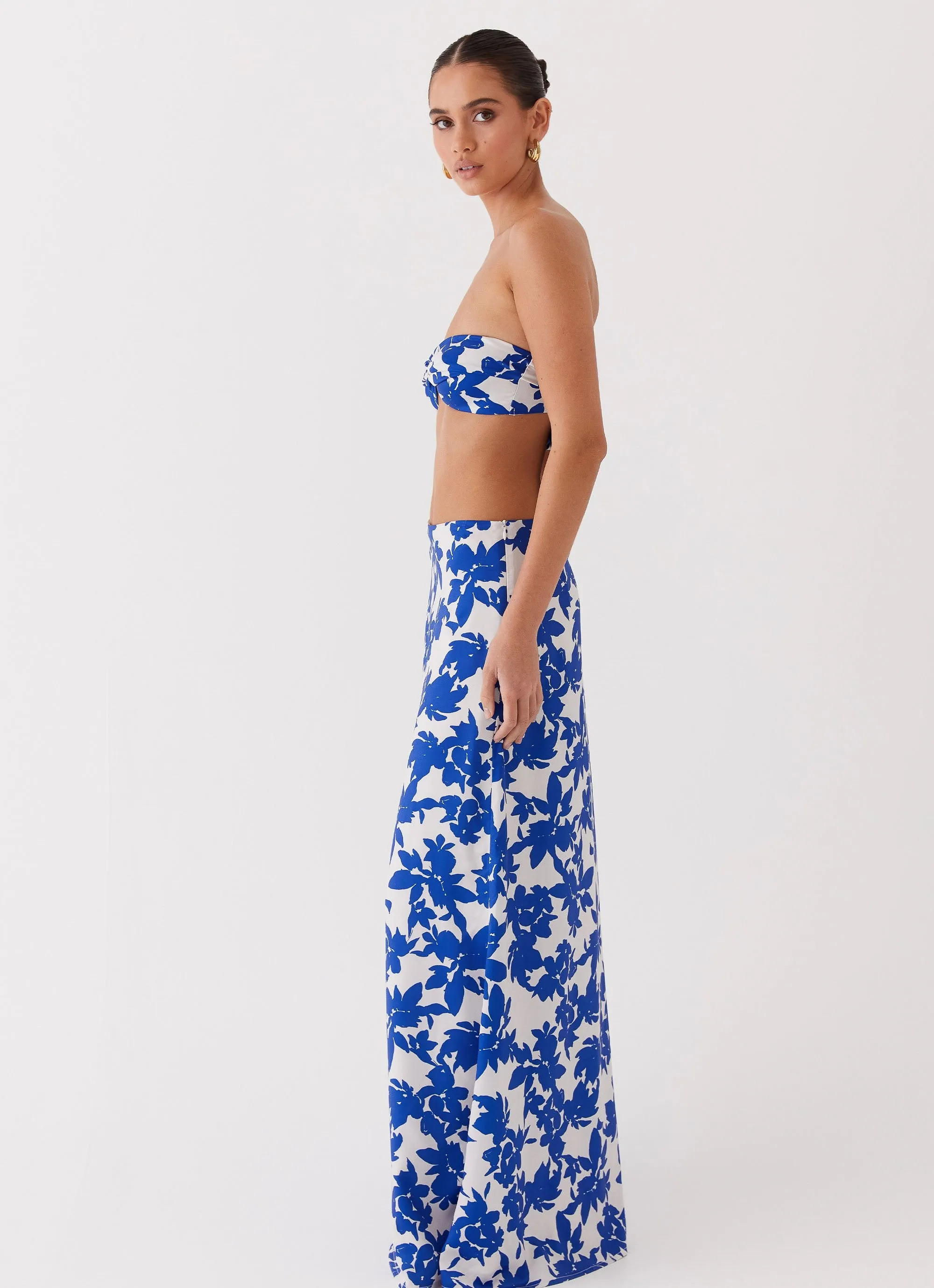 Sky Gaze Low Rise Maxi Skirt - Blue Floral High Elasticity Material Fringe Detail