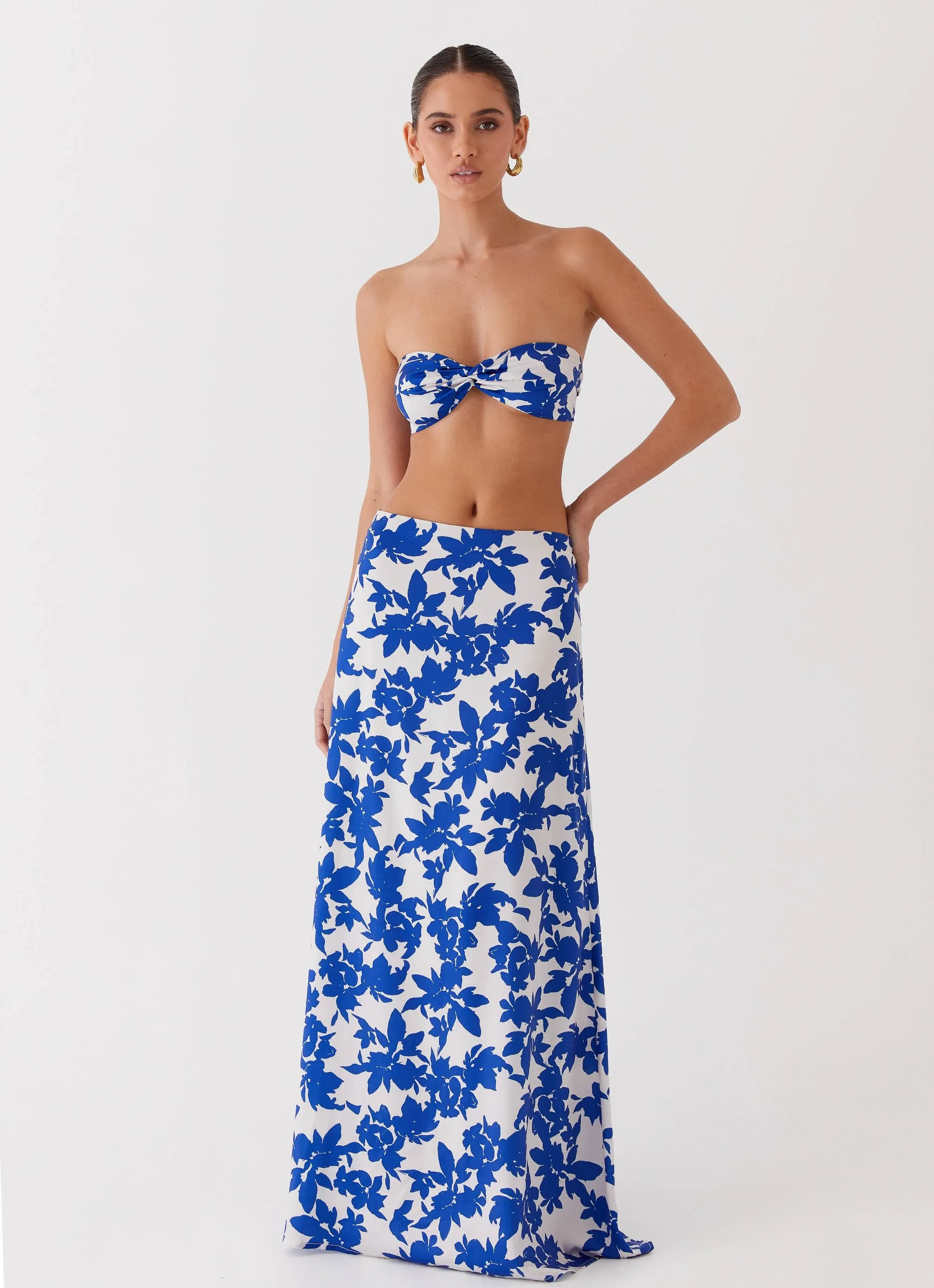 Sky Gaze Low Rise Maxi Skirt - Blue Floral All Season Plant Based Material