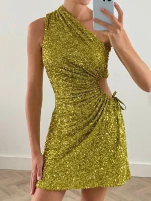 Evening Motion Ayla One Shoulder Mini Dress / Lime Sequin