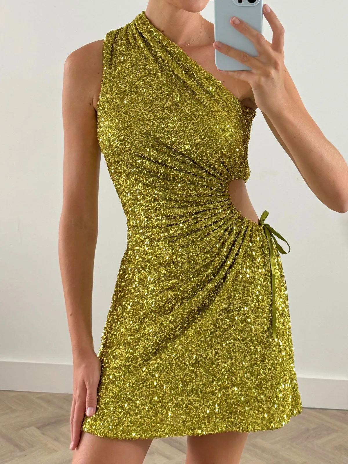 Evening Motion Ayla One Shoulder Mini Dress / Lime Sequin