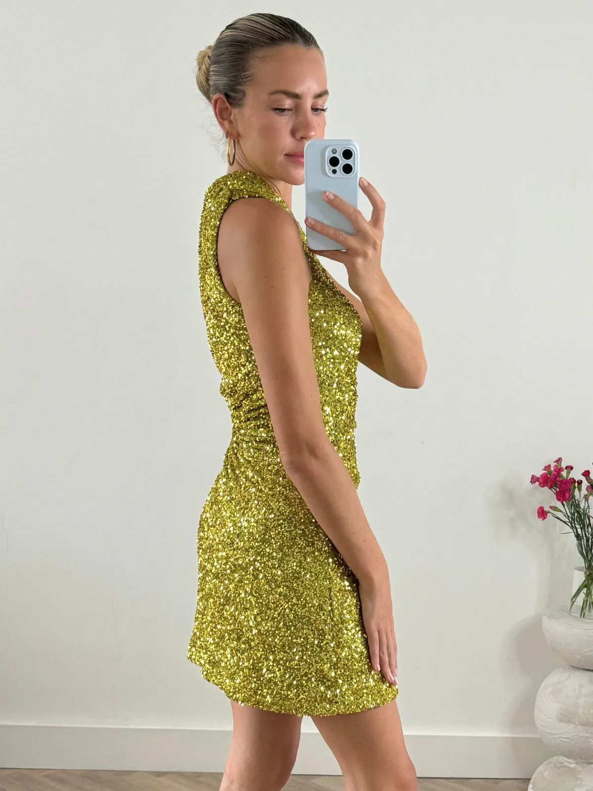 Ayla One Shoulder Mini Dress / Lime Sequin Smart Wear Sleek Draping