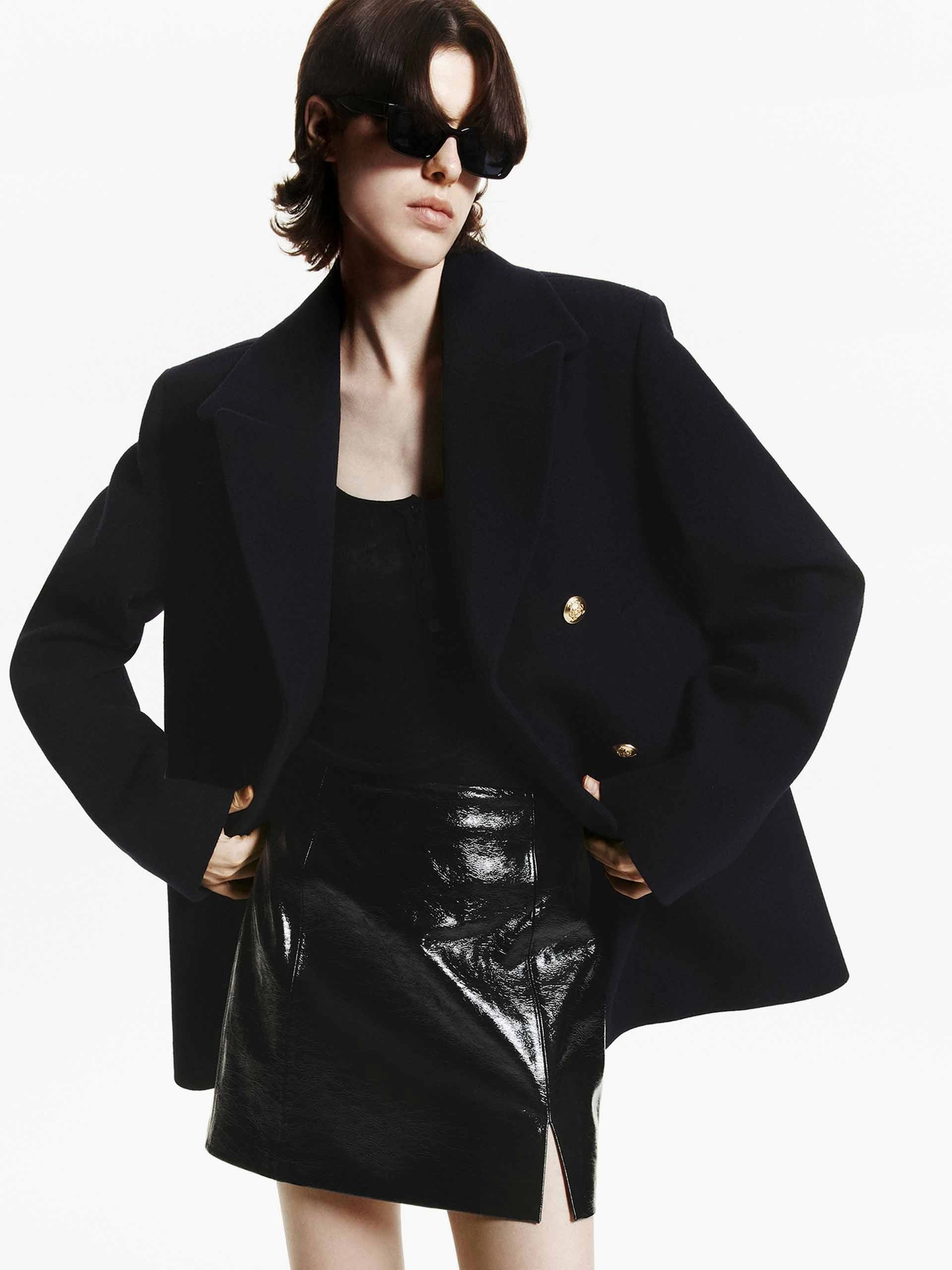 Compact Storage Compression Fold Design Double Breasted Mid Wool Coat