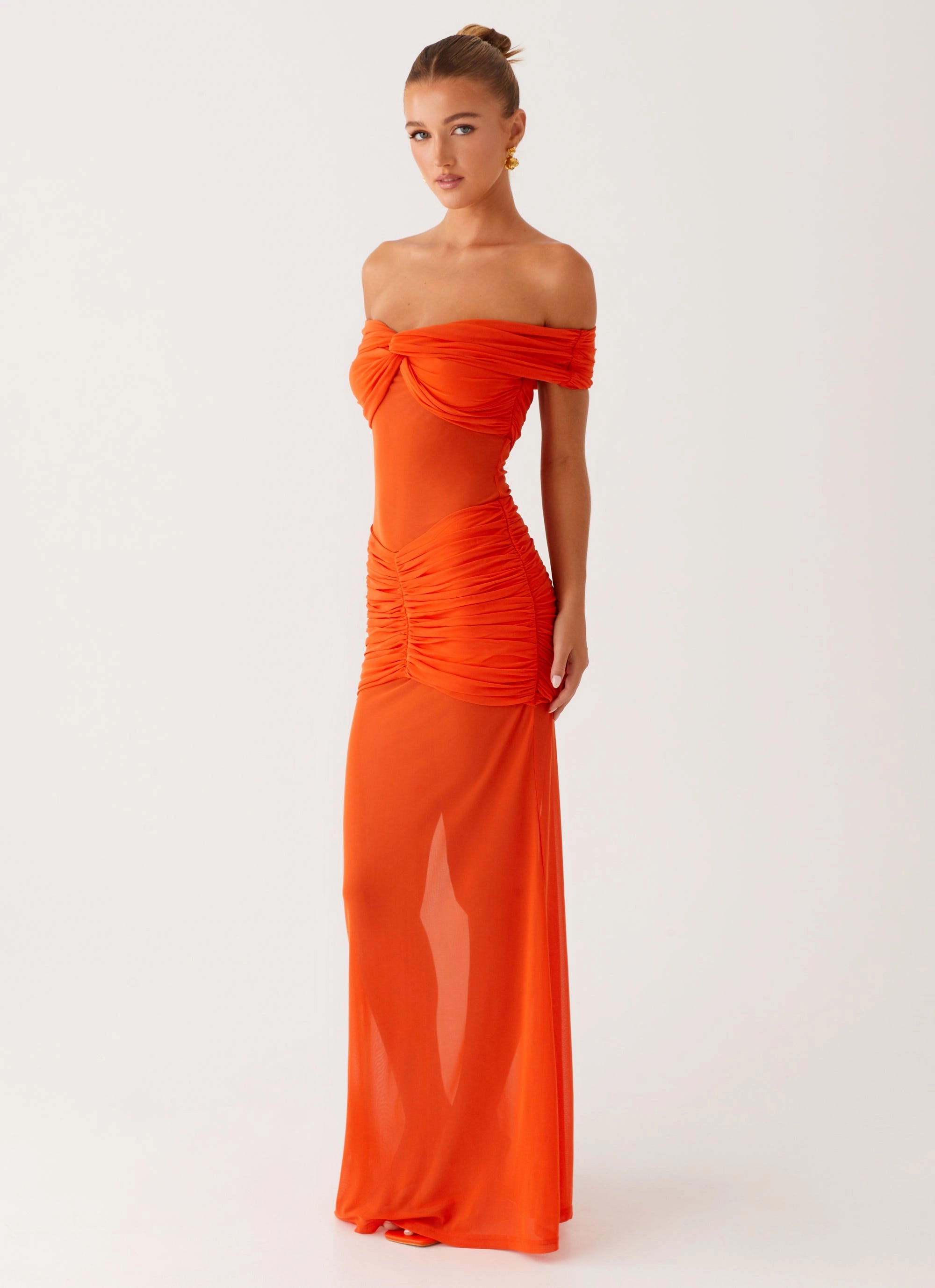 Charming Off Shoulder Maxi Dress - Orange Wave Soft Smooth Detail