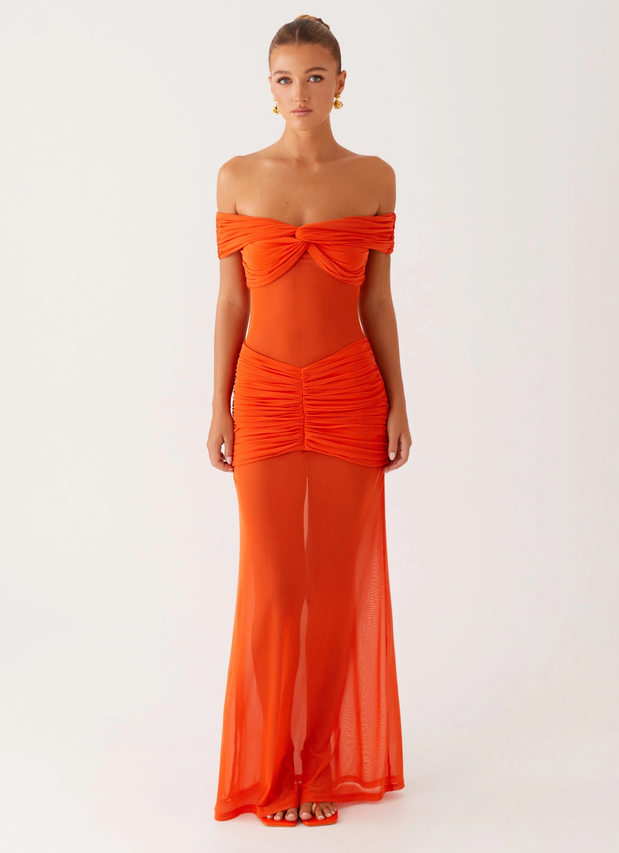 Charming Off Shoulder Maxi Dress - Orange Repair-Friendly